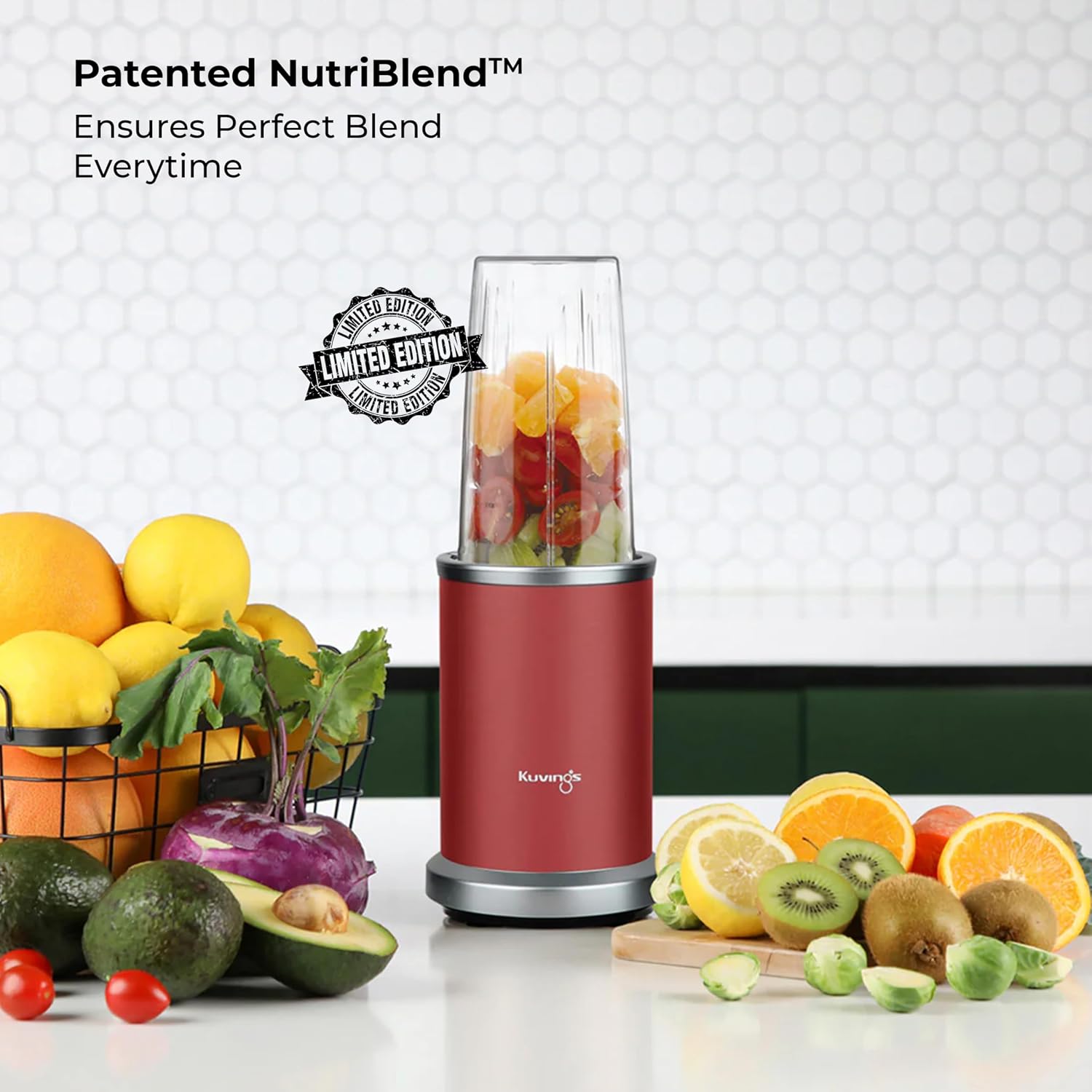 Kuvings Nutri Blender PRO 2.0 with fruits and vegetables, highlighting its blending capability