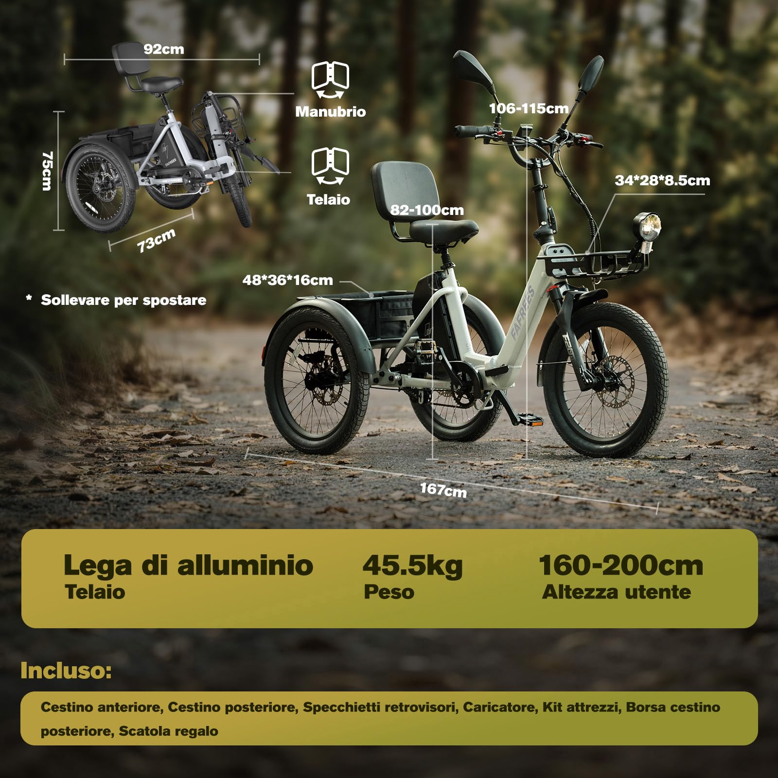 Fafrees Triciclo Elettrico per Adulti e Anziani Rimovibile Batteria 48V 21Ah E-Bike a 3 Ruote Pieghevole, Sensore di Coppia, Carico 180kg, Specchietti, Freni Idraulici e Frecce