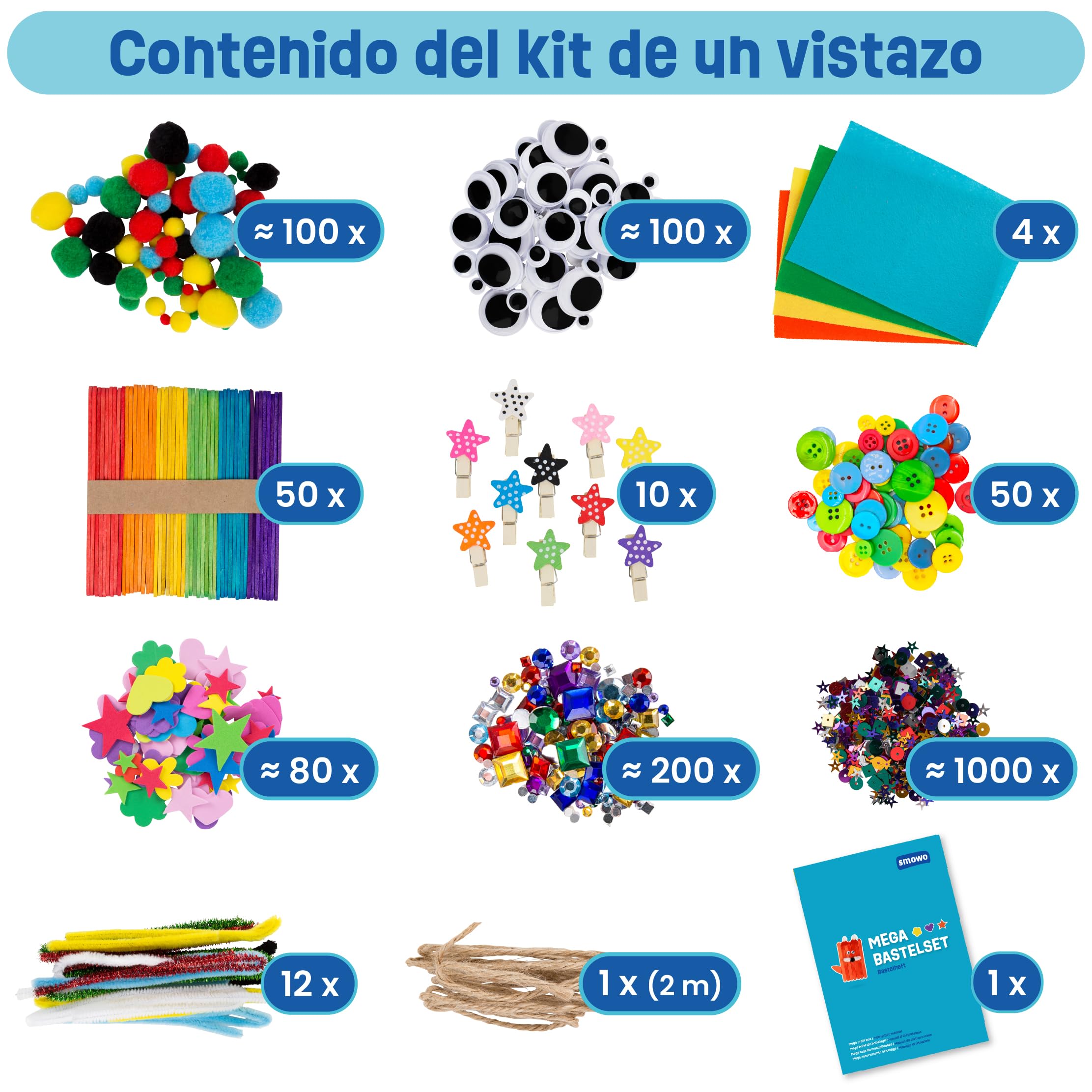 Smowo® Kit Creativo de Manualidades DIY para Niños y Niñas – Caja de Materiales Coloridos con Ideas y Proyectos de Artesanía Infantil