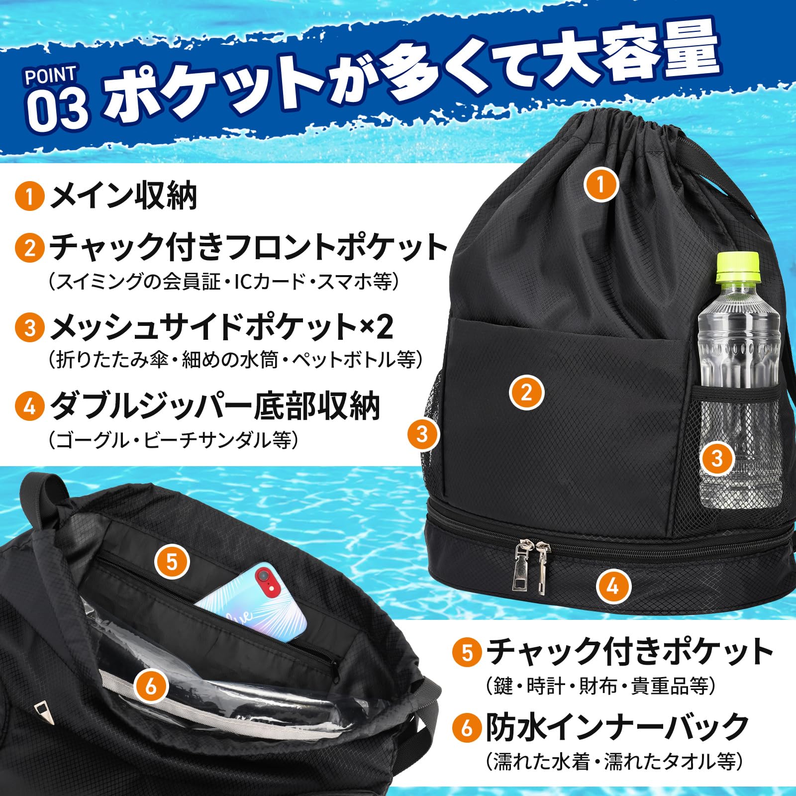 Amazon | [alldeblue]プールバッグ ナップサック 防水 キッズ 乾湿分離