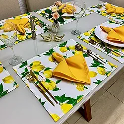 Jogo Americano Tecido 6 Un + 6 Guardanapos + 6 Porta Guardanapos (Limão Branco Guard Amarelo)