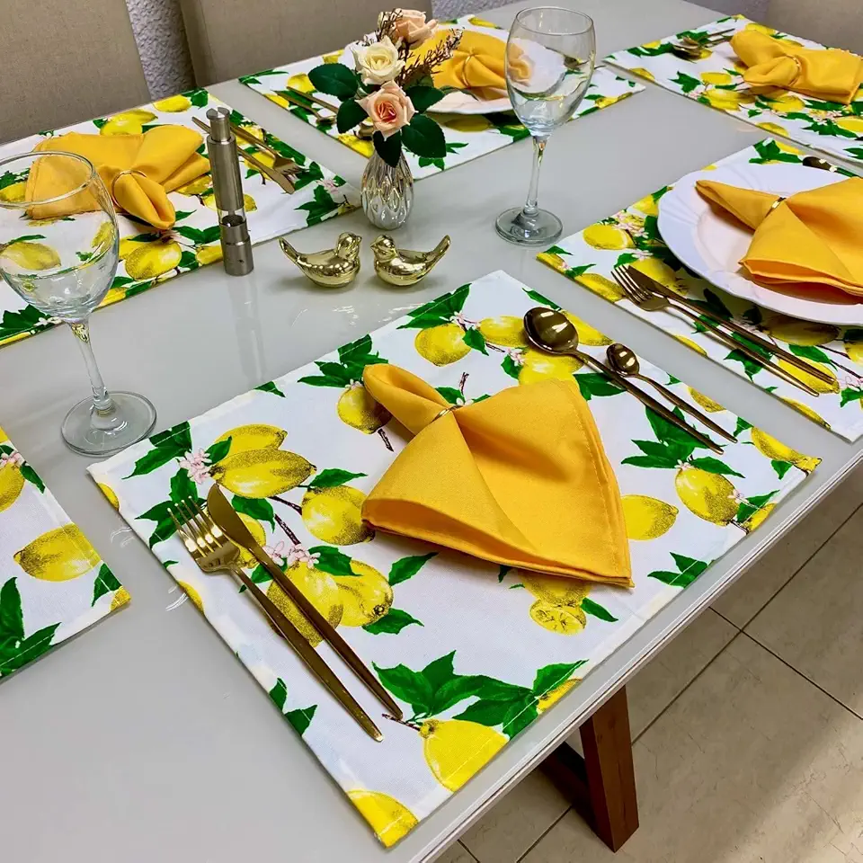 Jogo Americano Tecido 6 Un + 6 Guardanapos + 6 Porta Guardanapos (Limão Branco Guard Amarelo)