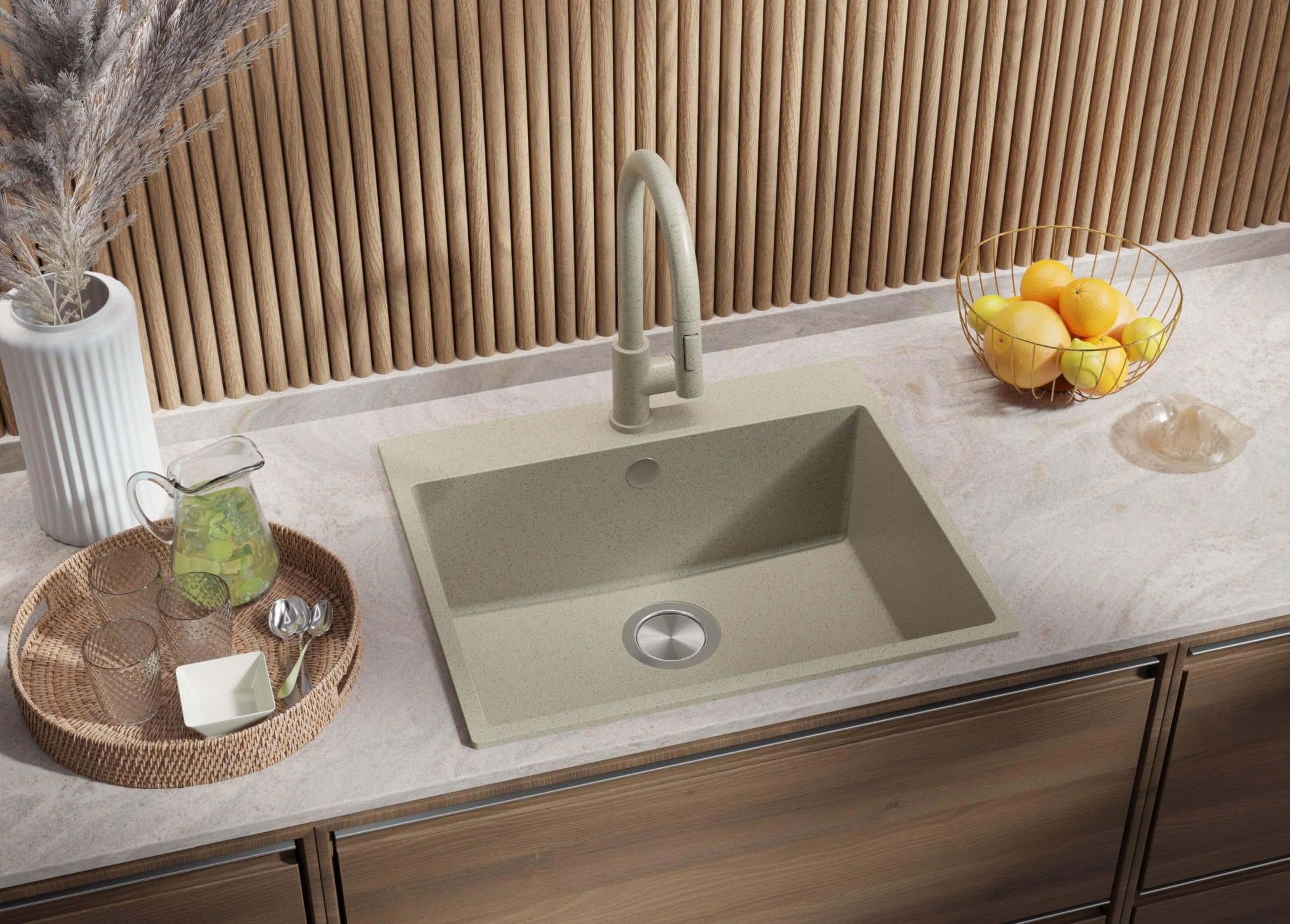 PRIMAGRAN Evier Cuisine en Granit Beige 58x50cm, Lavabo 1 bac + Kit de Vidage, Évier à Encastrer au Meuble 60cm - Riga S310