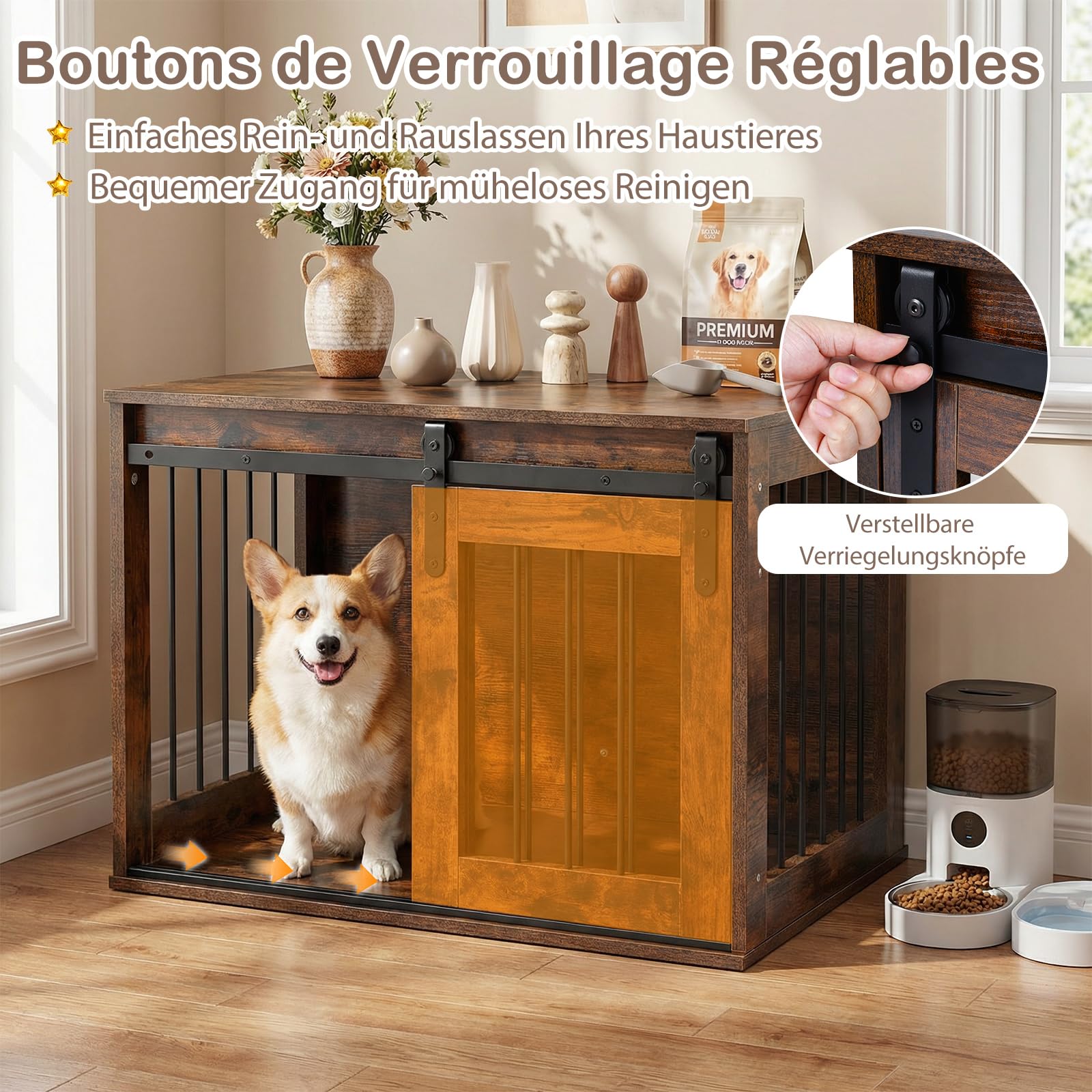 COSTWAY Hundekäfig Möbel, 80 cm Hundebox mit Schiebetür & Metallrahmen, Hundeschrank Holz für Wohnzimmer, Schlafzimmer & Flur, dekorativer Beistelltisch für kleine & mittelgroße Hunde (Rustikal Braun)