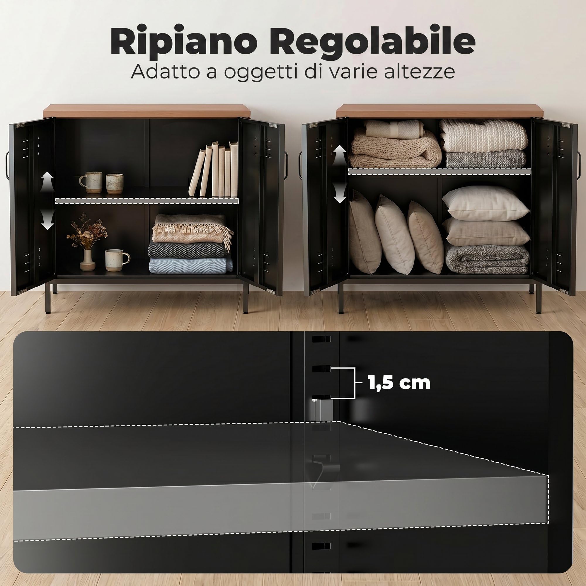 HOMCOM Credenza Cucina in Acciaio 80x40x80cm Nero e Marrone Effetto Legno