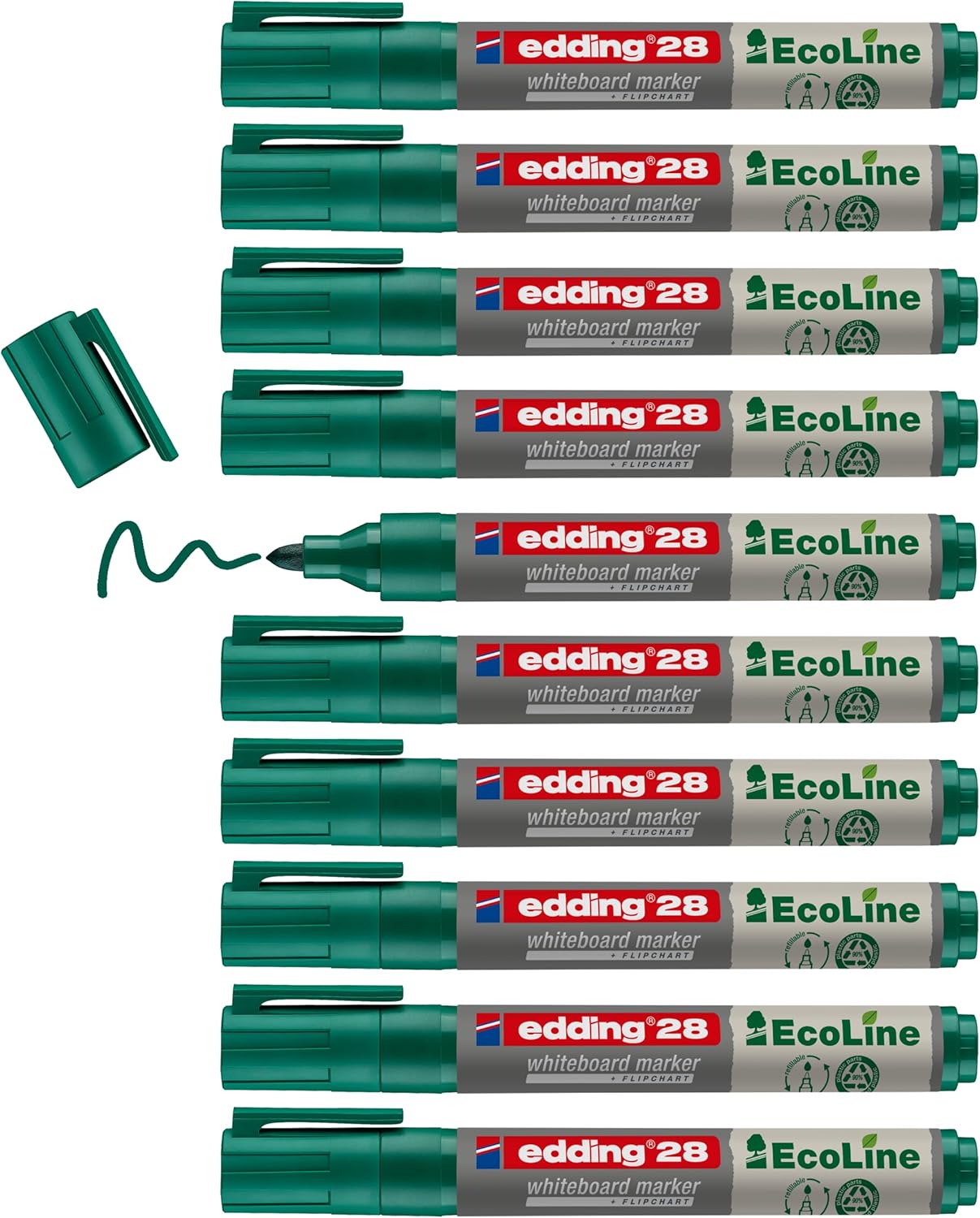 edding 28 Ecoline whiteboardmarker - groen - 10 whiteboardstiften - ronde punt 1,5-3mm - boardmarker uitwisbaar - voor whiteboard, flipchart, magneetbord, prikbord, memobord - sketchnotes - navulbaar