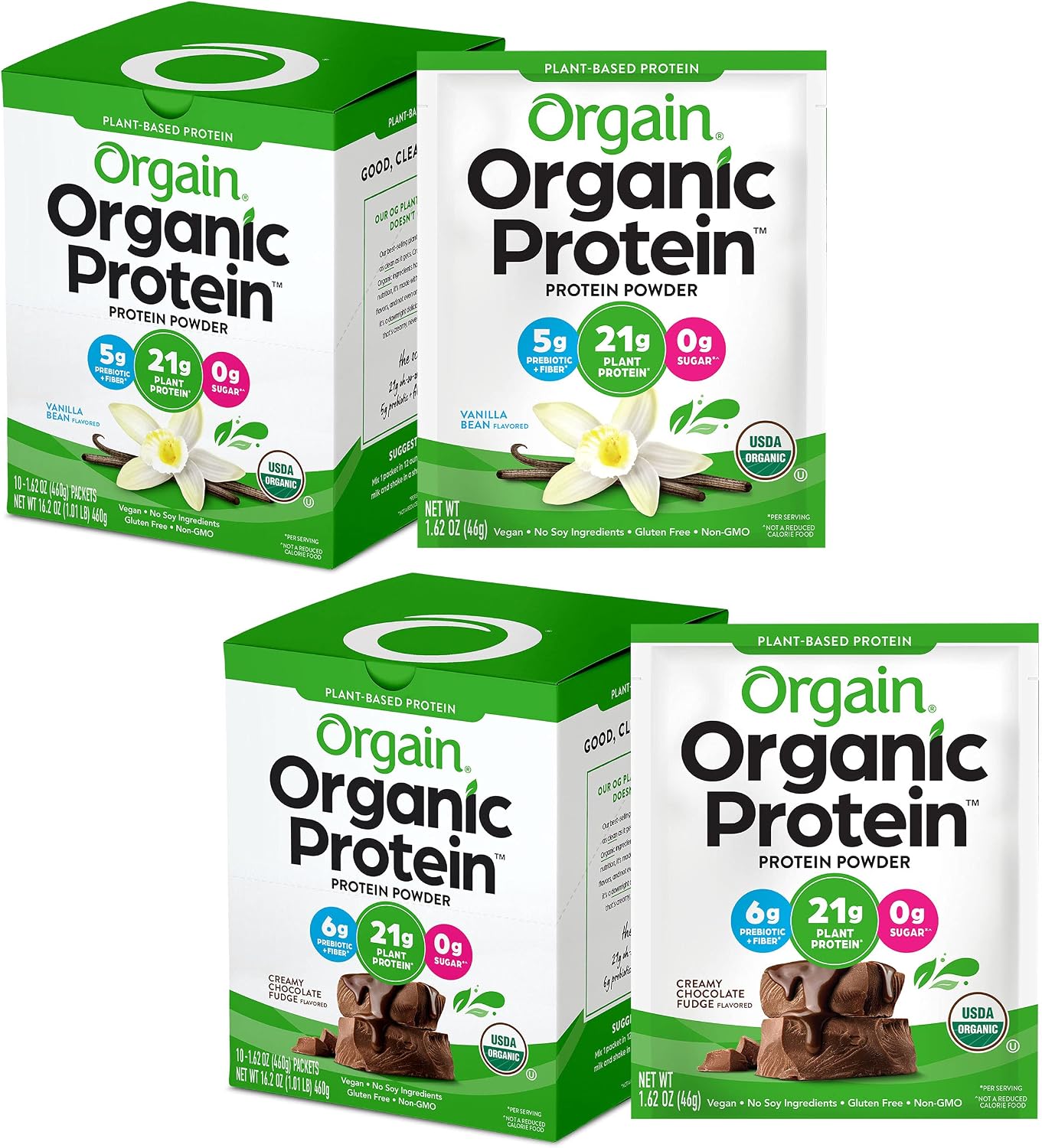 Orgain Organic Plant Based Protein Powder Travel Pack, Vanilla Bean - Vegan, Low Net Carbs & Organic Plant Based Protein Powder Travel Pack, Creamy Chocolate Fudge - Vegan, Low Net Carbs