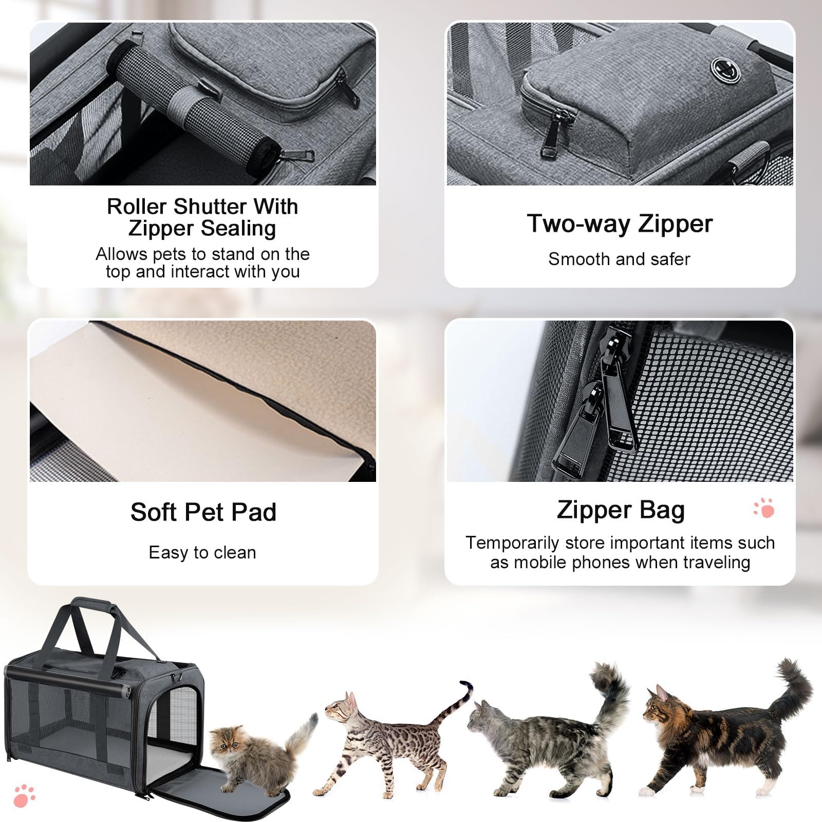 Qoosea Trasportino per Gatti e Cani Portatile e Ripiegabile Trasportino per Animali, Portatile Borsa per Trasporto per Gatto e Cane di Piccola e Media Taglia (Grigio)