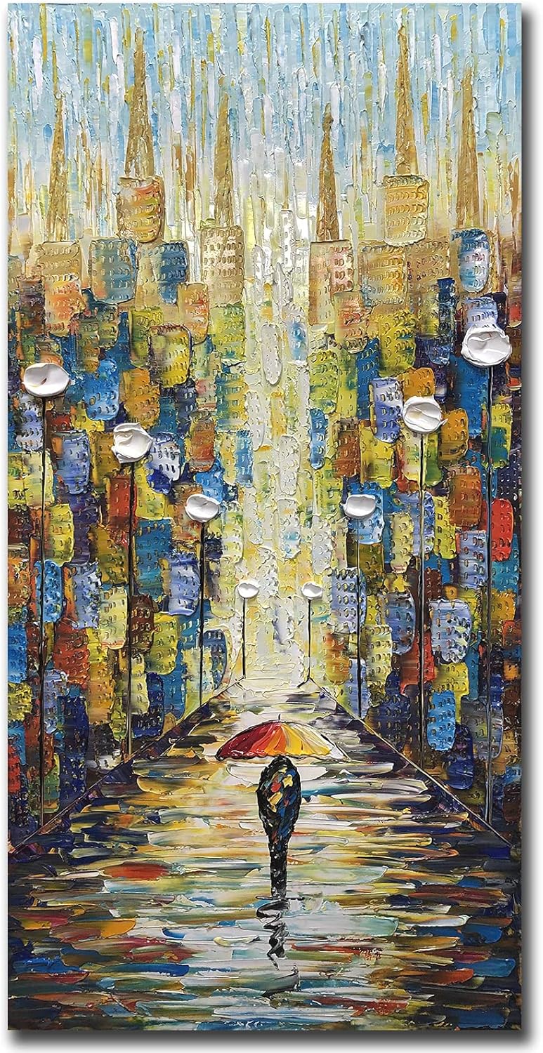 V-inspire Paintings, 24x48 Inch Modern Abstract Painting Romatic Street Oil Hand Painting Landscape 3D Hand-Painted On Canvas Abstract Artwork Art Wood Inside Framed Hanging Wall Decoration