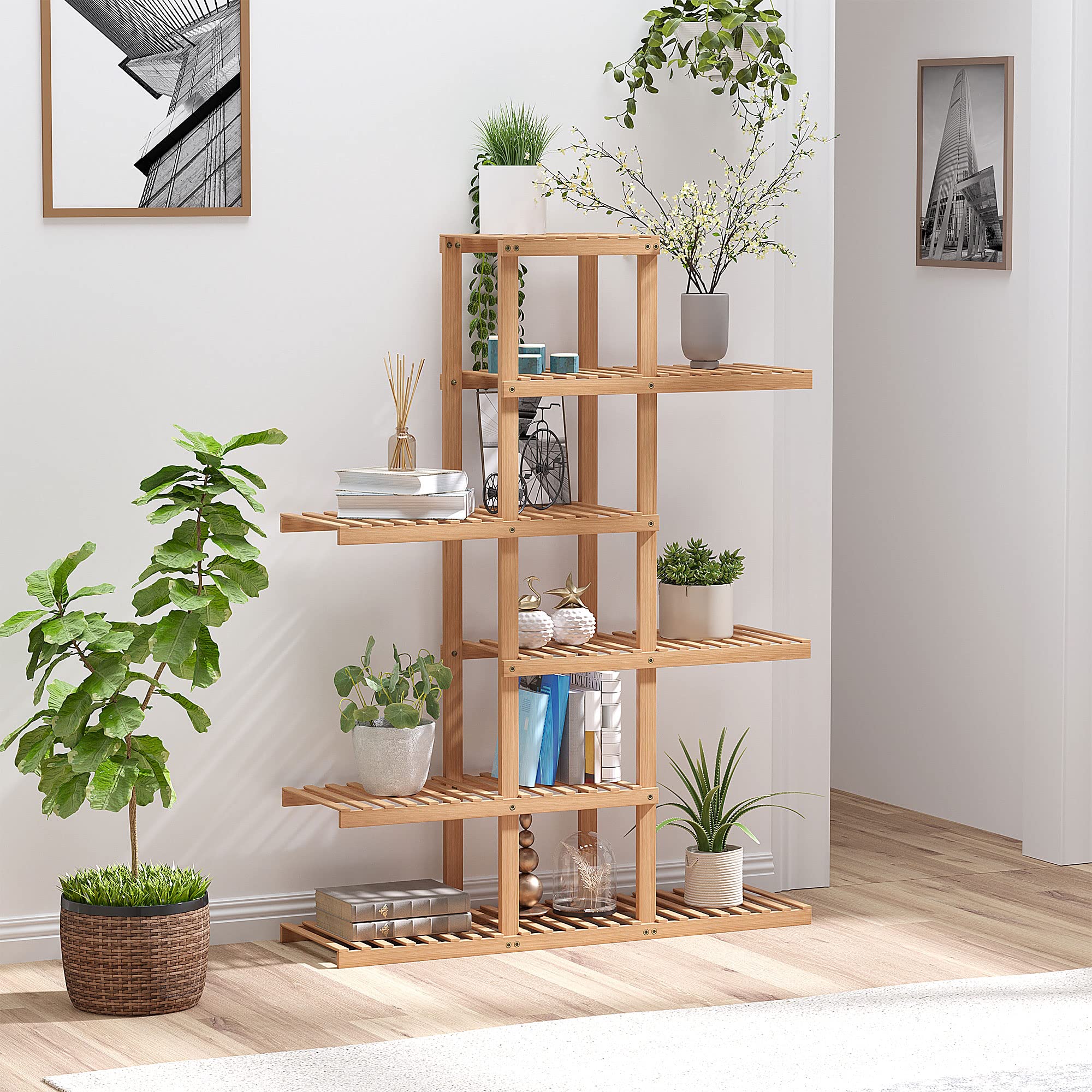 Etagère de rangement 4 niveaux sur pied - étagères à lattes - dim. 62l x 33l x 112h cm - bois de bambou