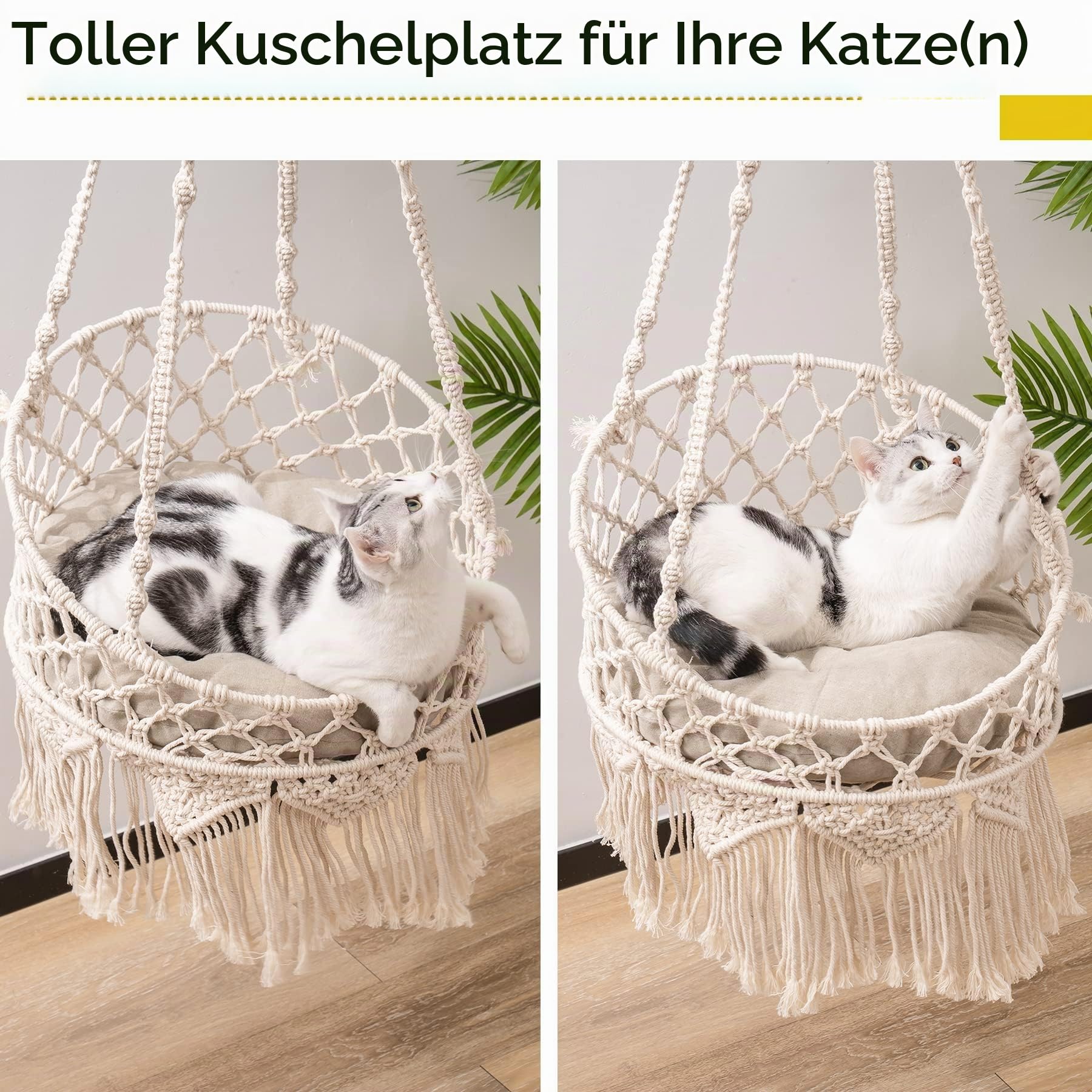 MEWOOFUN Handgewebte Makramee Katzenhängematte - Boho Katzenschaukel für Indoor-Katzen, dekoratives hängendes Katzenbett zum Schlafen, Spielen und Entspannen - Katzennester Haustierschaukel Bett mit