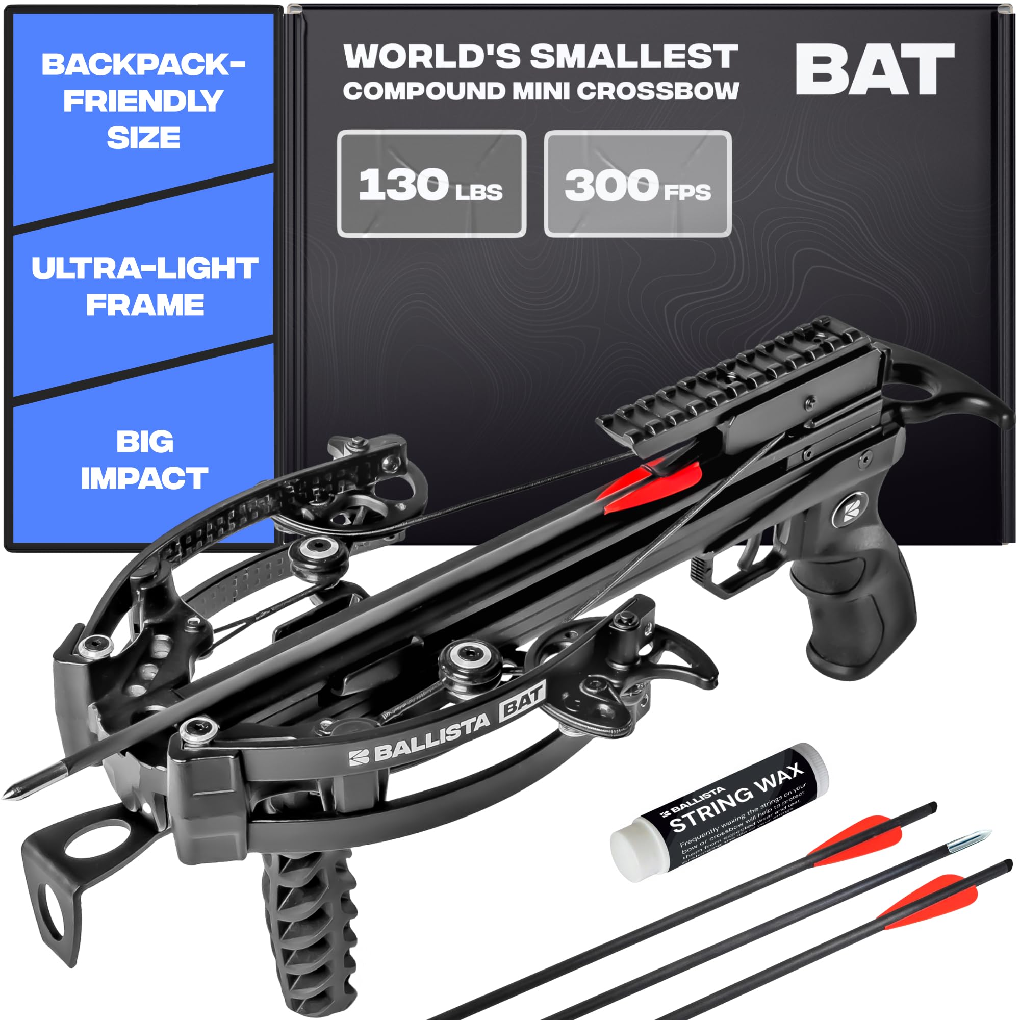 BALLISTA BAT Compound Mini Crossbow - Small Crossbow for Hunting, Fishing and Target - 300 FPS, 130 Lbs, 2.46 lbs