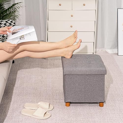Miniatura 6 de B FSOBEIIALEO Otomana de almacenamiento con bandeja, taburetes de pies y otomanas con patas, cubo de almacenamiento, asiento de lino gris 15 pulgadas