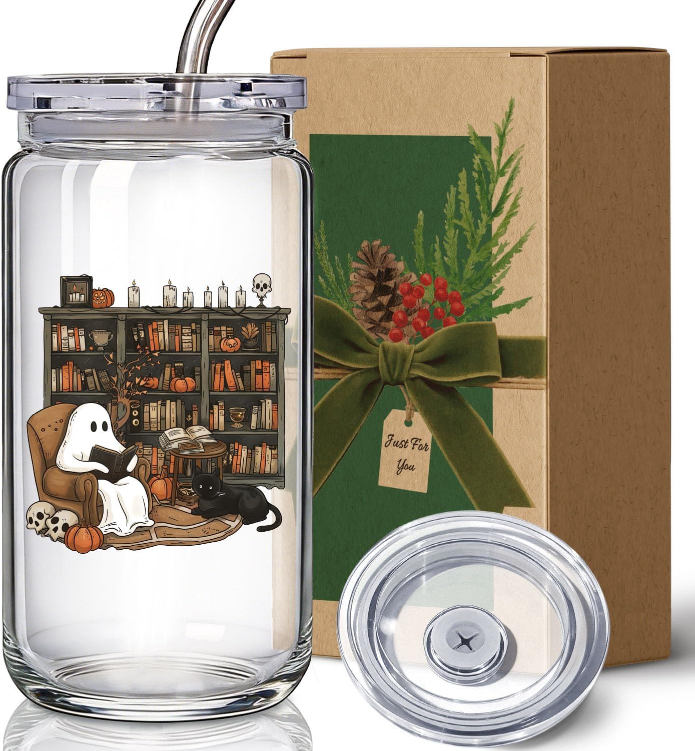 Halloween Ghost Reading Cup, Bookish Fall Glass Tumbler Gift for Teacher
