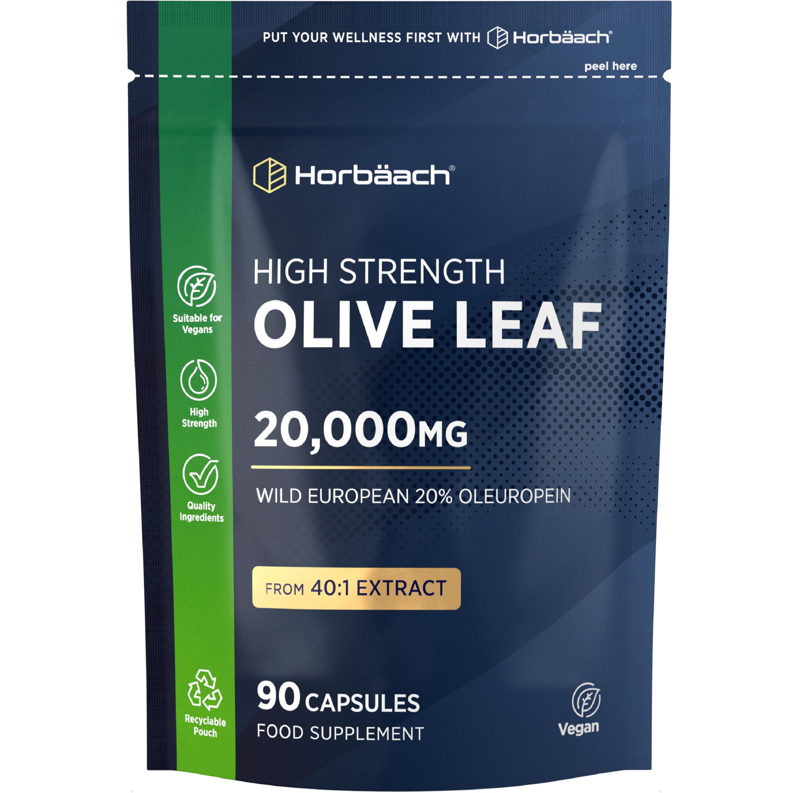 Olive Leaf Extract Capsules 20,000mg | Wild European 20% Oleuropein | High Strength Supplement | 90 Vegan Capsules | Horbaach