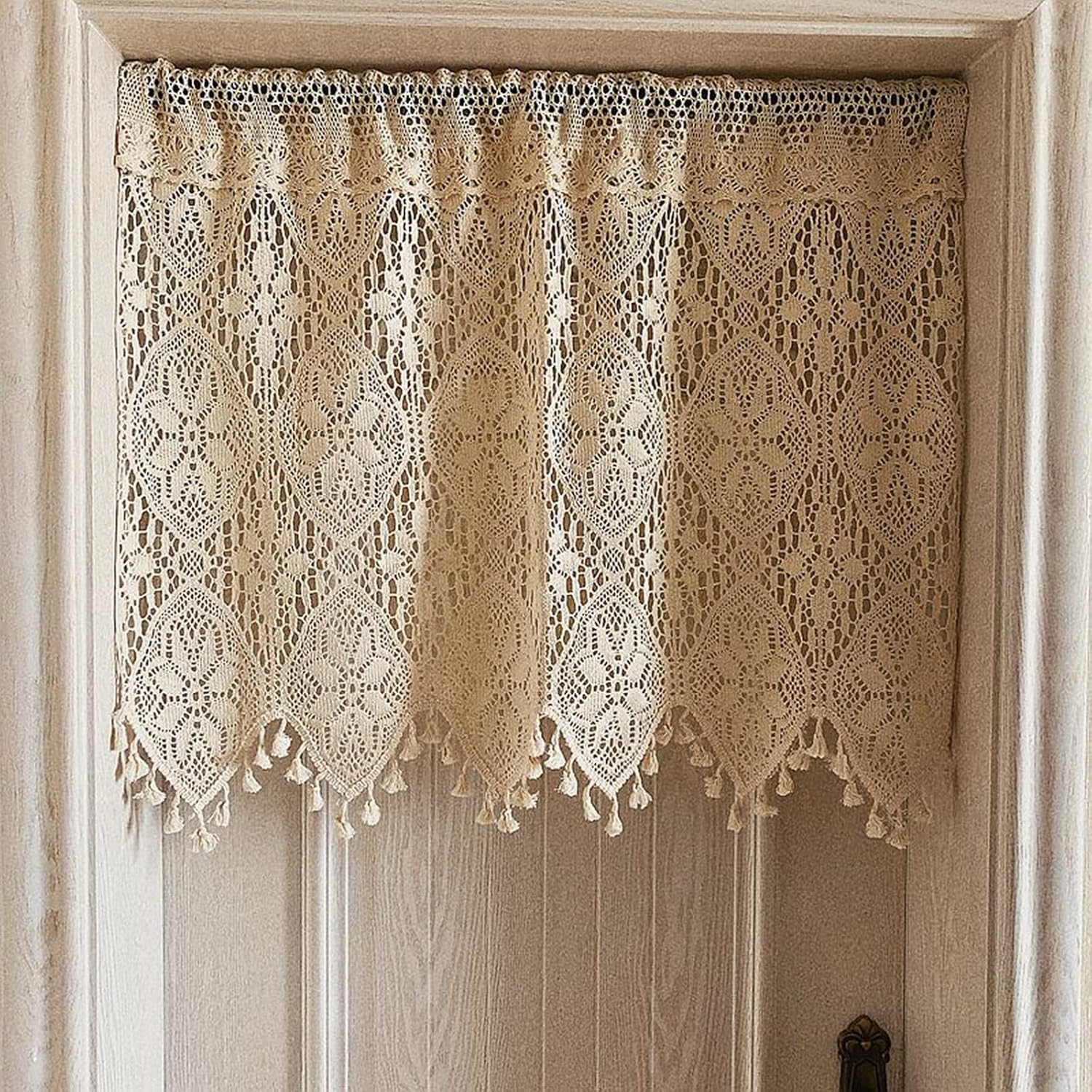 Boho Chic Beige Cotton Crochet Floral Pattern Semi-Sheer Valance Curtain for Small Window, Kitchen, Bedroom (94"W x 35"L)