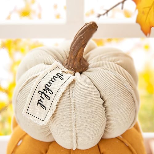 Miniatura 3 de Glitzhome Decoración de calabazas artificiales de otoño, calabazas de tela apilada, decoración del hogar, decoración de bandeja interior de otoño,