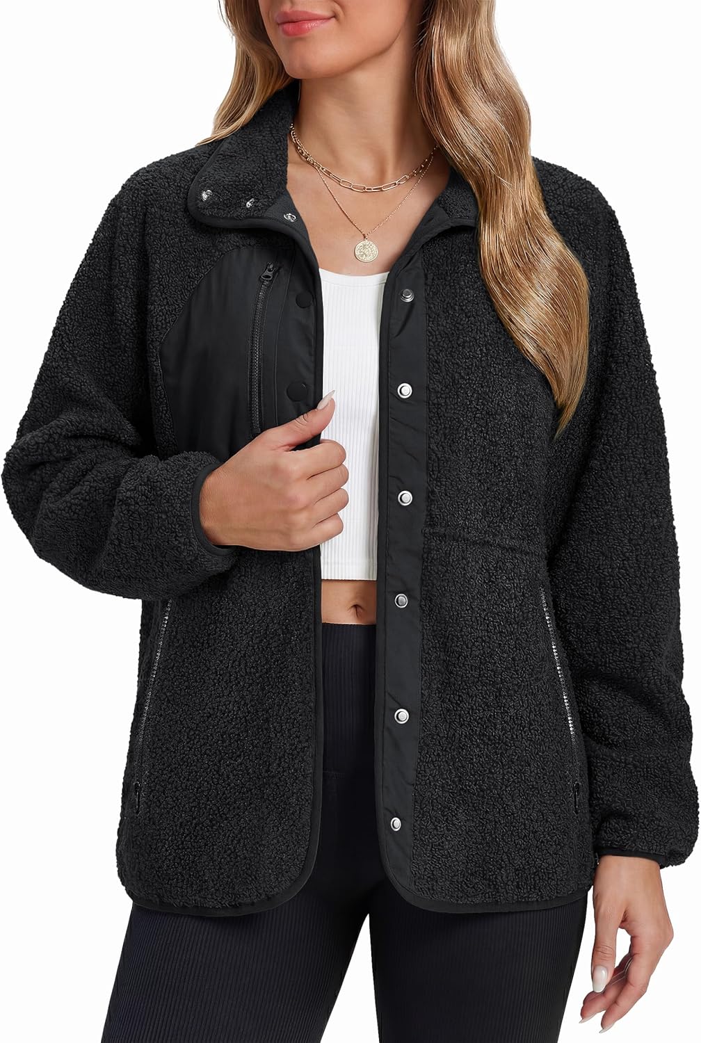 MAGCOMSEN Women's Fleece Jackets Fuzzy Button Down Sherpa Jacket Winter Warm Coat Casual Outwear with Pockets