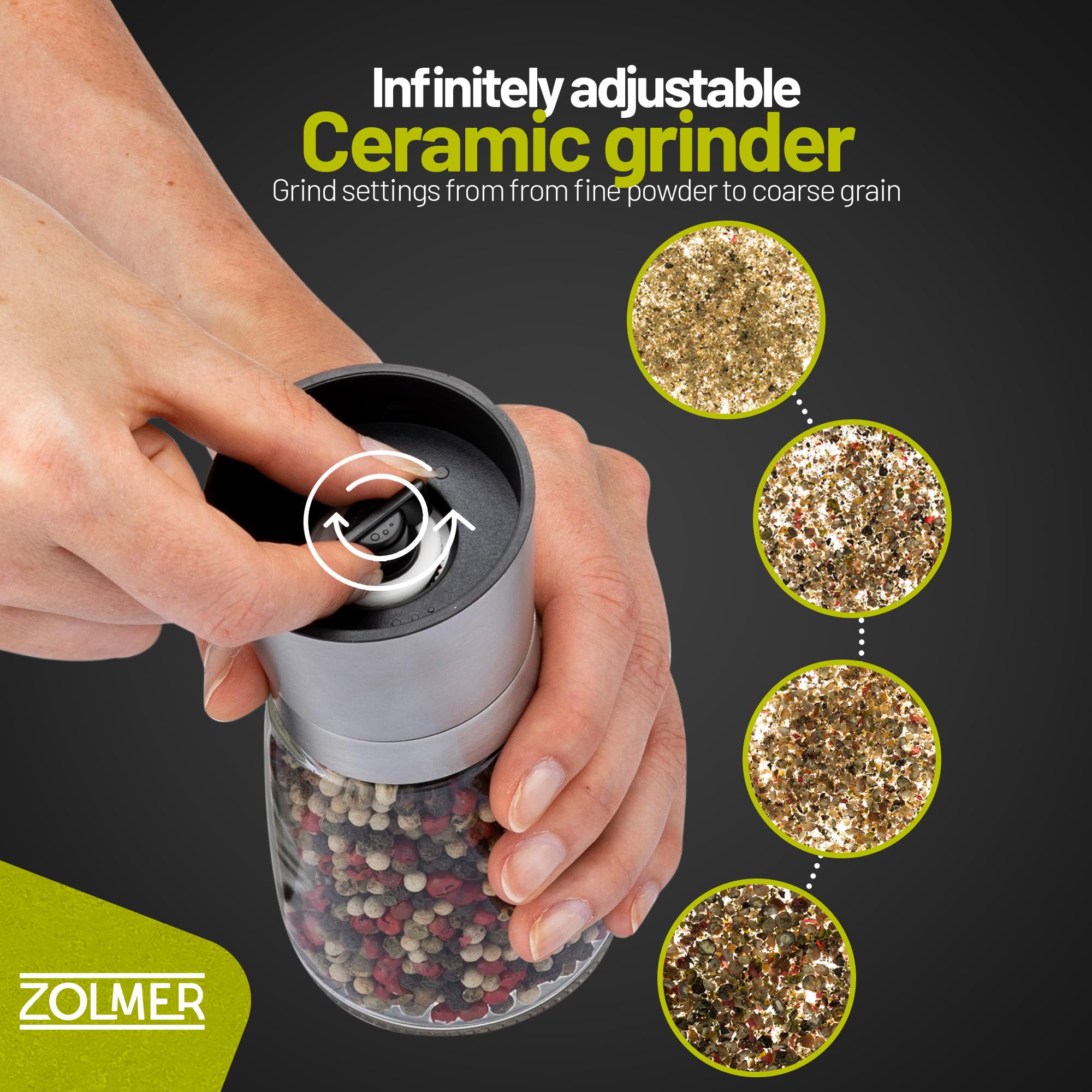 Zolmer® Salt and Pepper Mill with Bamboo Stand, Spice Mills Set of 2 Stainless Steel & Glass, Ceramic Grinder, Adjustable - Image 3