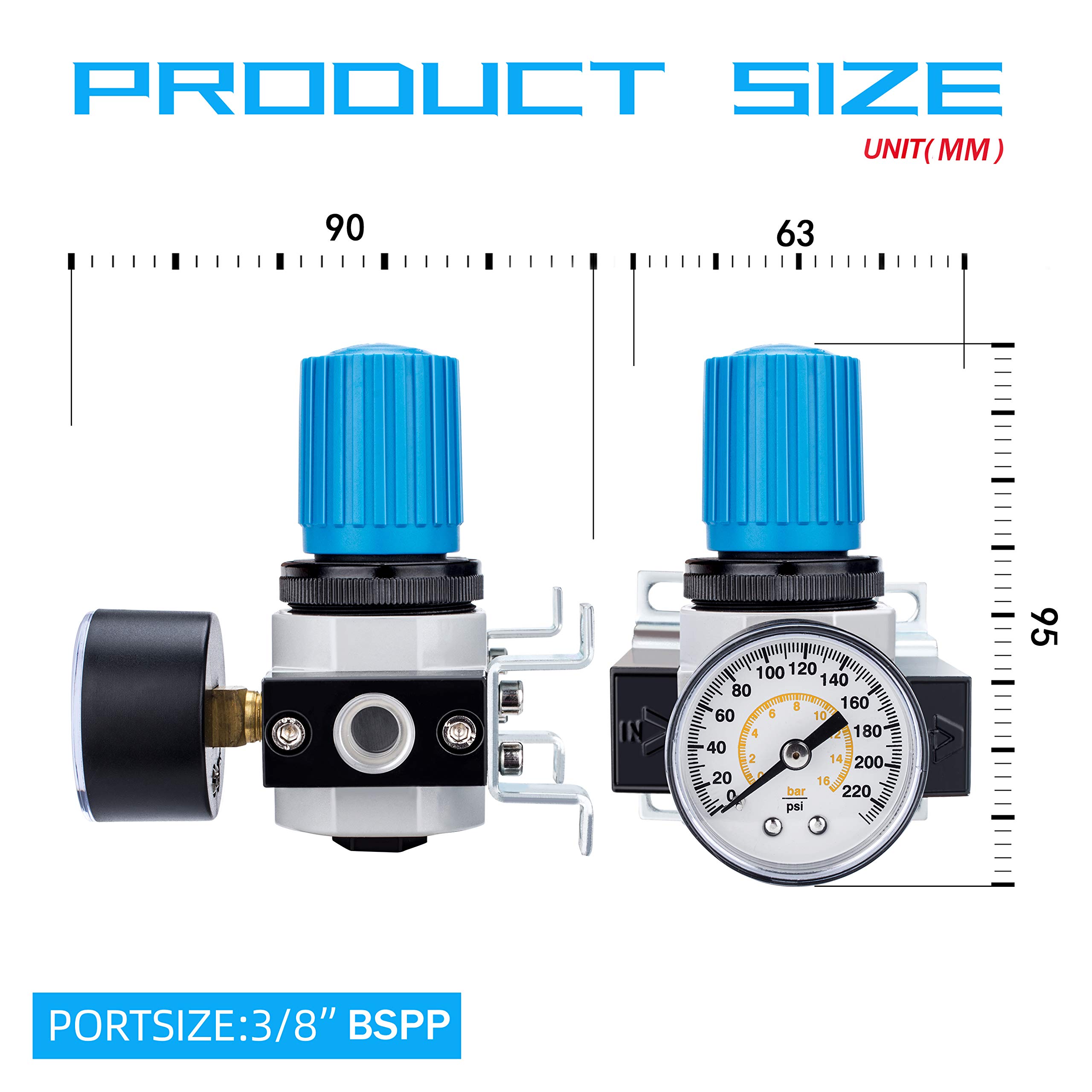 NANPU 3/8" BSP Druckluftdruckregler - Zinklegierung, Manometer (0-16 bar), für Luftkompressoren und Druckluftwerkzeuge
