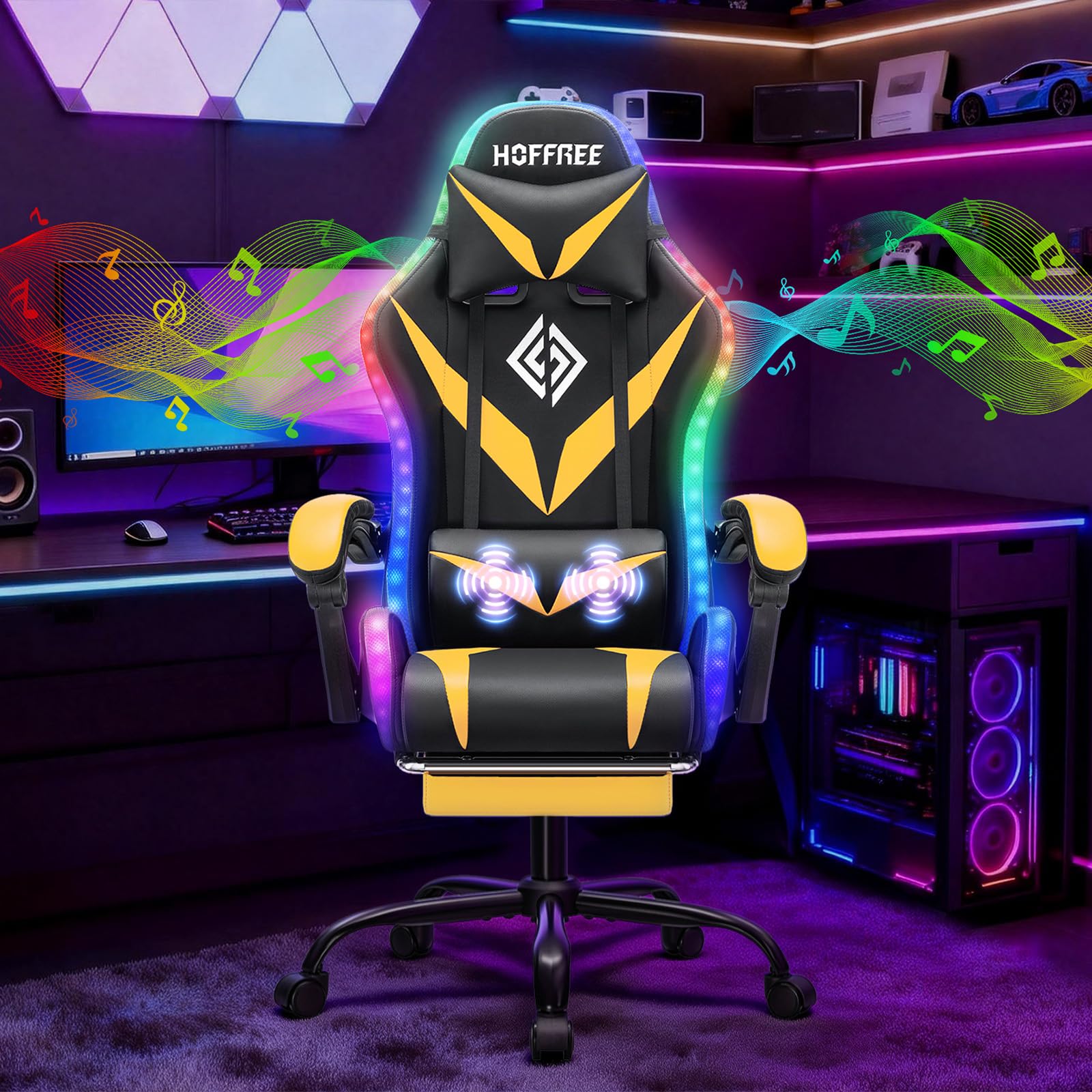 Hoffree LED Gaming Chair with Speakers RGB Lights Massage Computer Chairs-Yellow