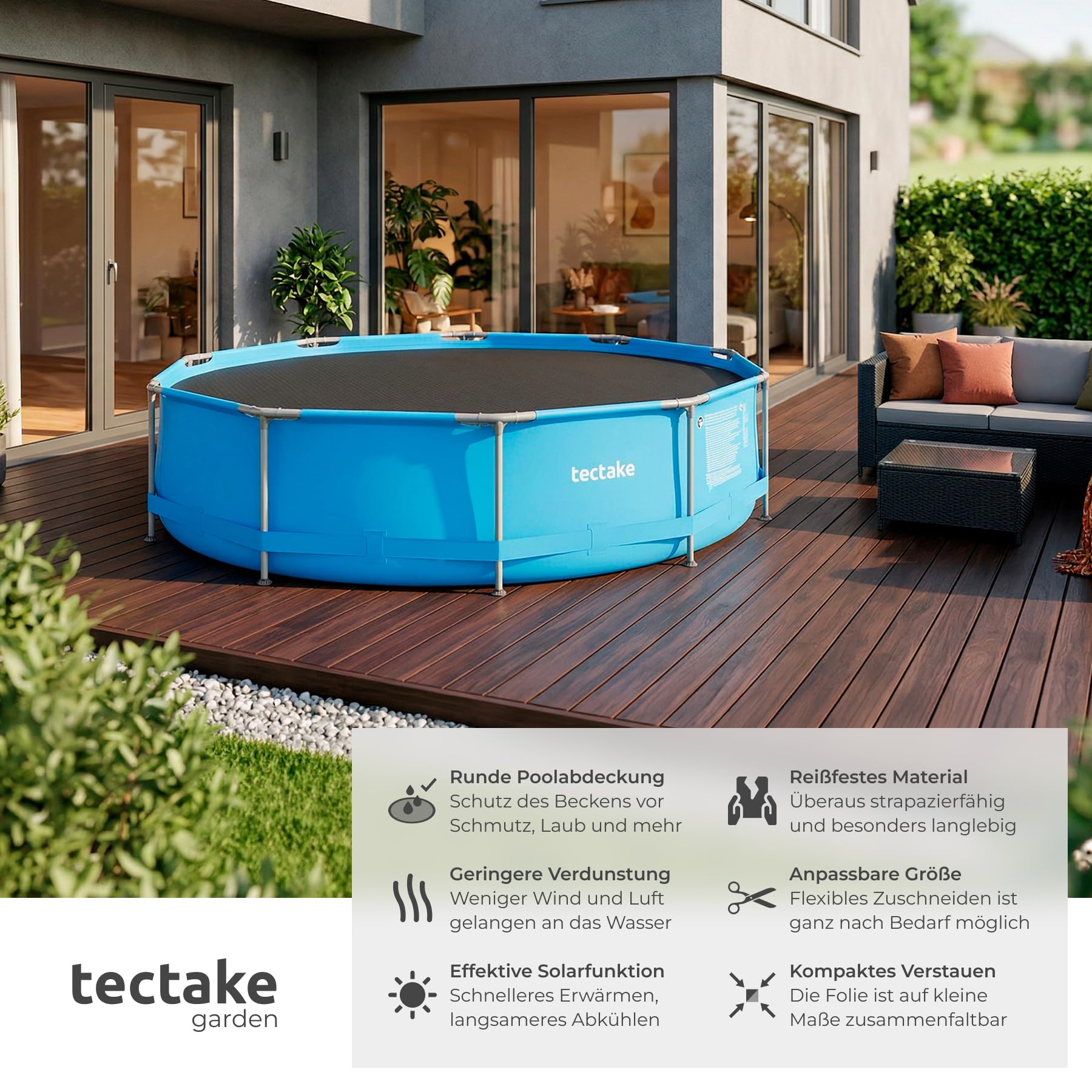 tectake® Poolabdeckung rund Ø 300 cm, 110 µm Stärke, zuschneidbar, selbstschwimmend, schützt Wasser, Solarfolie, Schwimmbadabdeckung, Poolabdeckplane, Poolschutz, Poolabdeckungen - schwarz