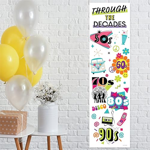 Big Dot of Happiness Through the Decades - Decoración de puerta delantera de fiesta de los años 50, 60, 70, 80 y 90, pancarta vertical