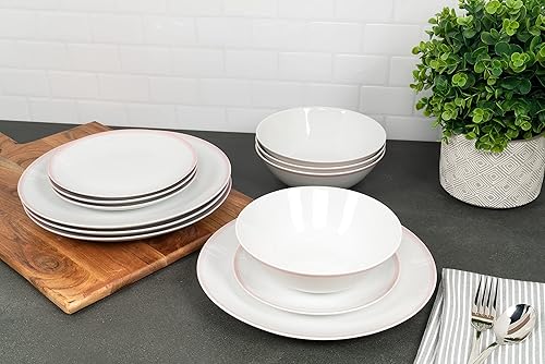 Vista 4 de 10 Strawberry Street Coupe Double Line - Juego de vajilla de 12 piezas, color rosa, rosa brumoso, SM-1200-CP-P Rosa brumosa