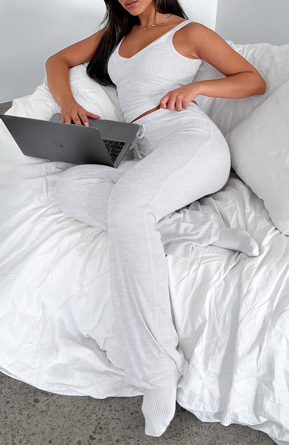 EZBELLE Womens Lounge Sets Shirts Deep V Neck Pajama Sets Summer Tank Tops Ribbed Knit Pjs 2 Piece Outfits Clothes 2026 - Image 4