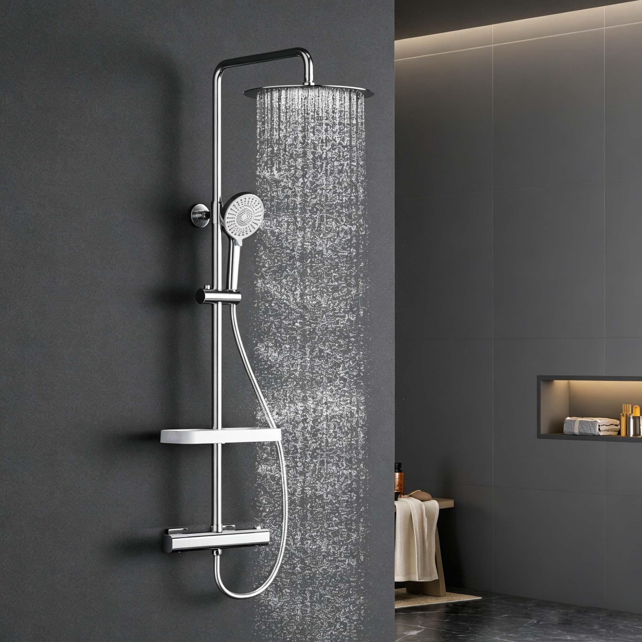 Columna Ducha Termostática, Duchas de Baño Conjunto 300mmx300mm con Rociador, Alcachofa Ducha Lluvia y 3 Tipos Duchas de Baño, Barra de Ducha Altura Adjustable,Cromado