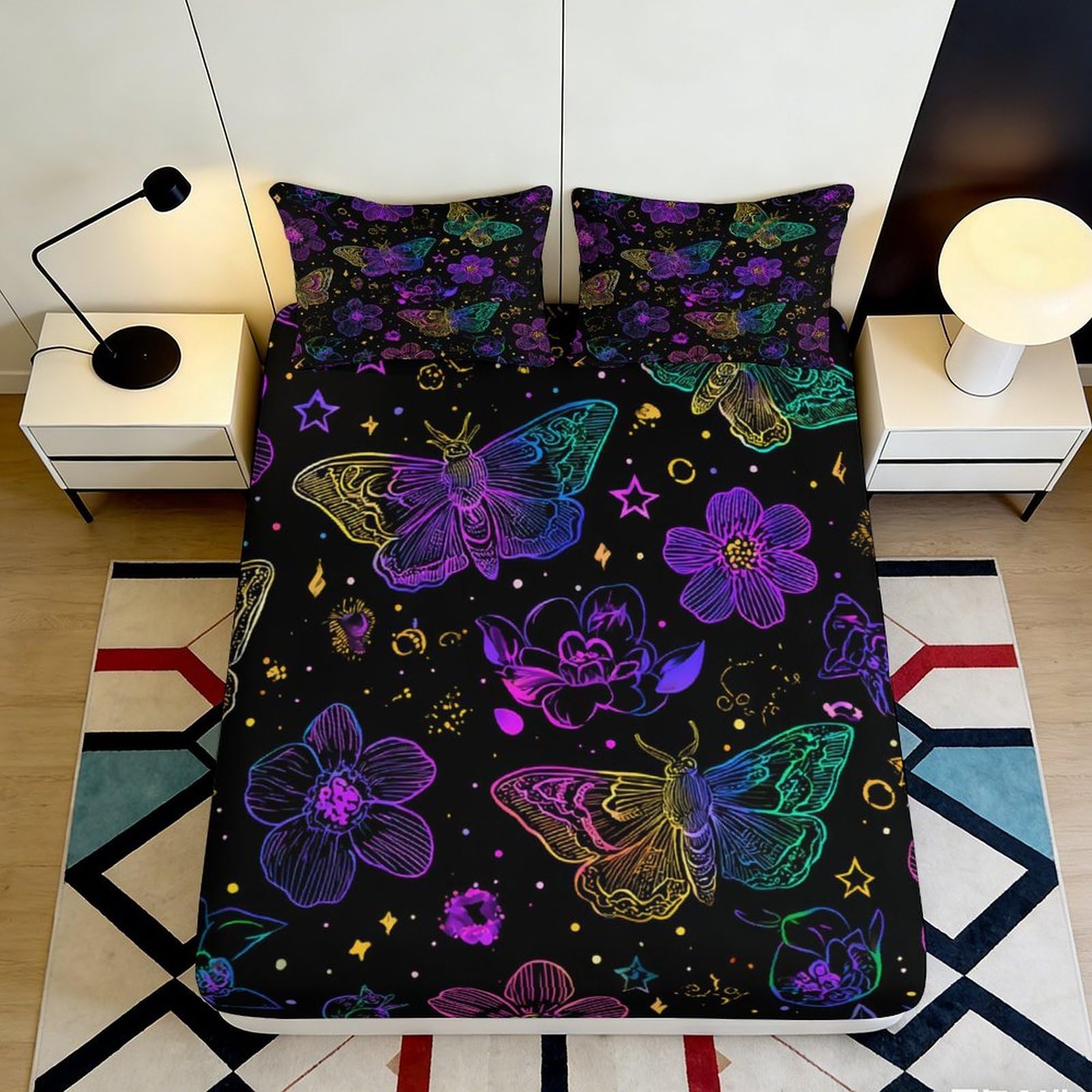 3D Printed Fantasy Butterfly Floral Fitted Sheet Microfiber Bedroom Deep Pocket Non-Slip Butterfly Flower Mattress Fitted Cover for Adults Teens 90x200x25cm