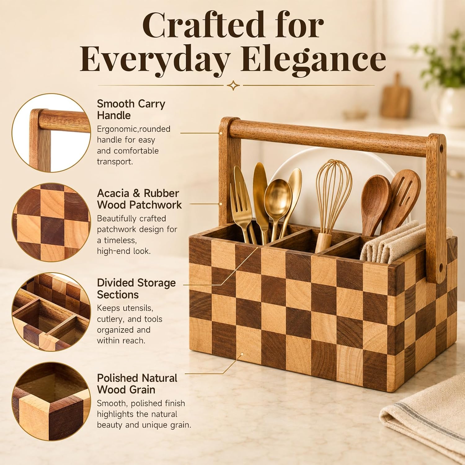 SiliFine Acacia Checkered Silverware Caddy, Utensil Holder with Handle image 3