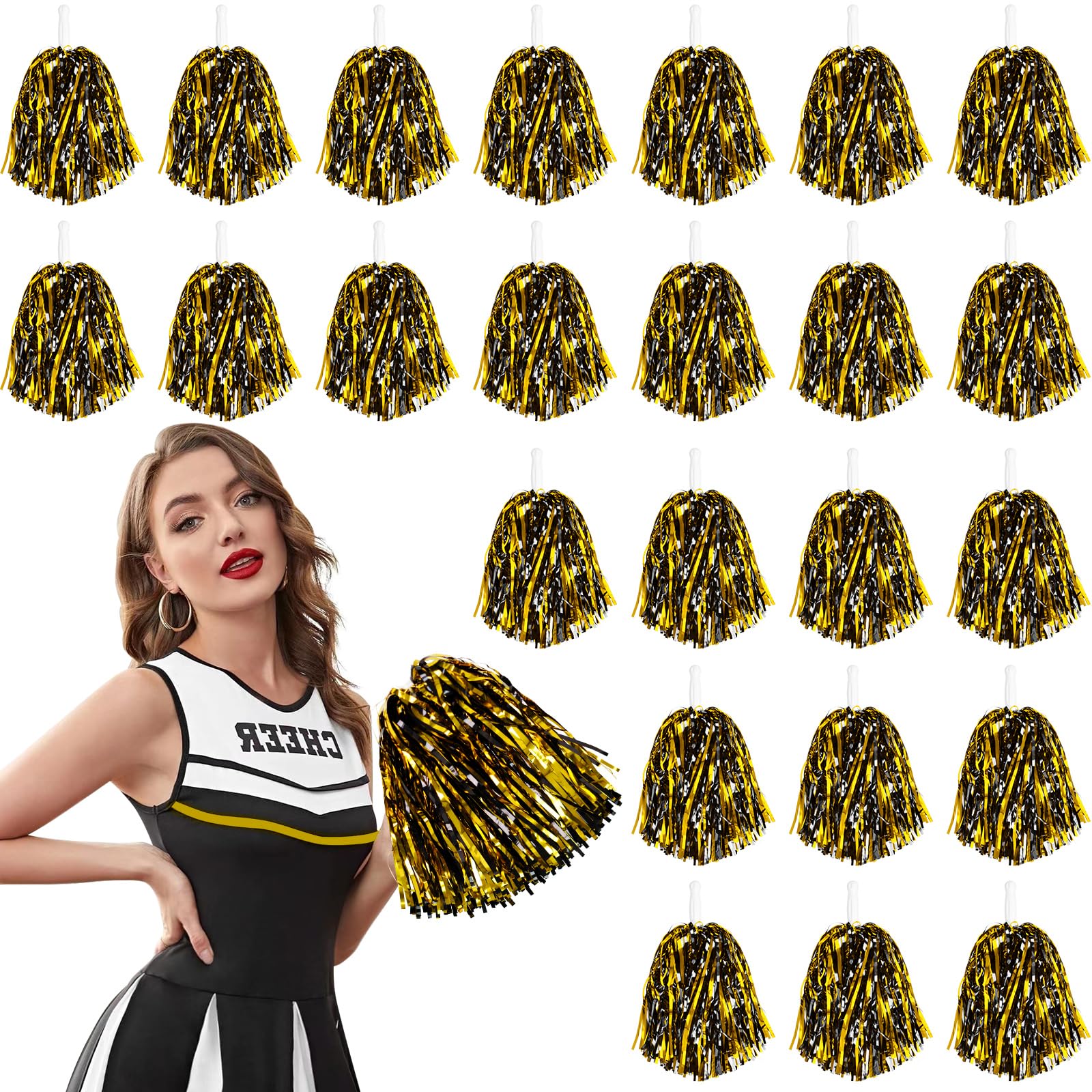 DILIBRA 24 Pcs Metallic Cheerleading Pom Poms with Baton Handle (Black-Gold