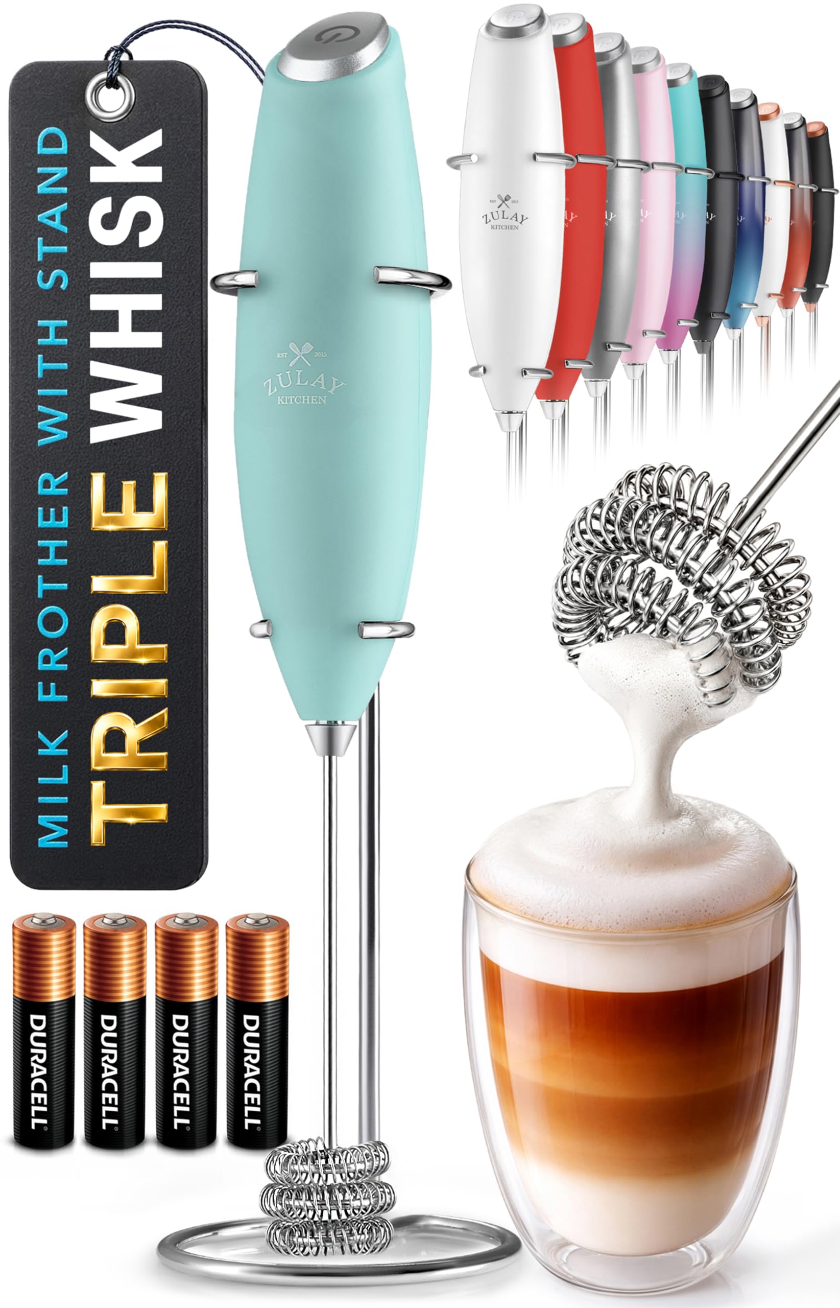 Zulay Kitchen Powerful Milk Frother Wand With Duracell Batteries - Ultra Fast Handheld Drink Mixer - Electric Whisk Foam Maker for Coffee, Lattes, Cappuccino &amp; Matcha - Triple Whisk - Peppermint