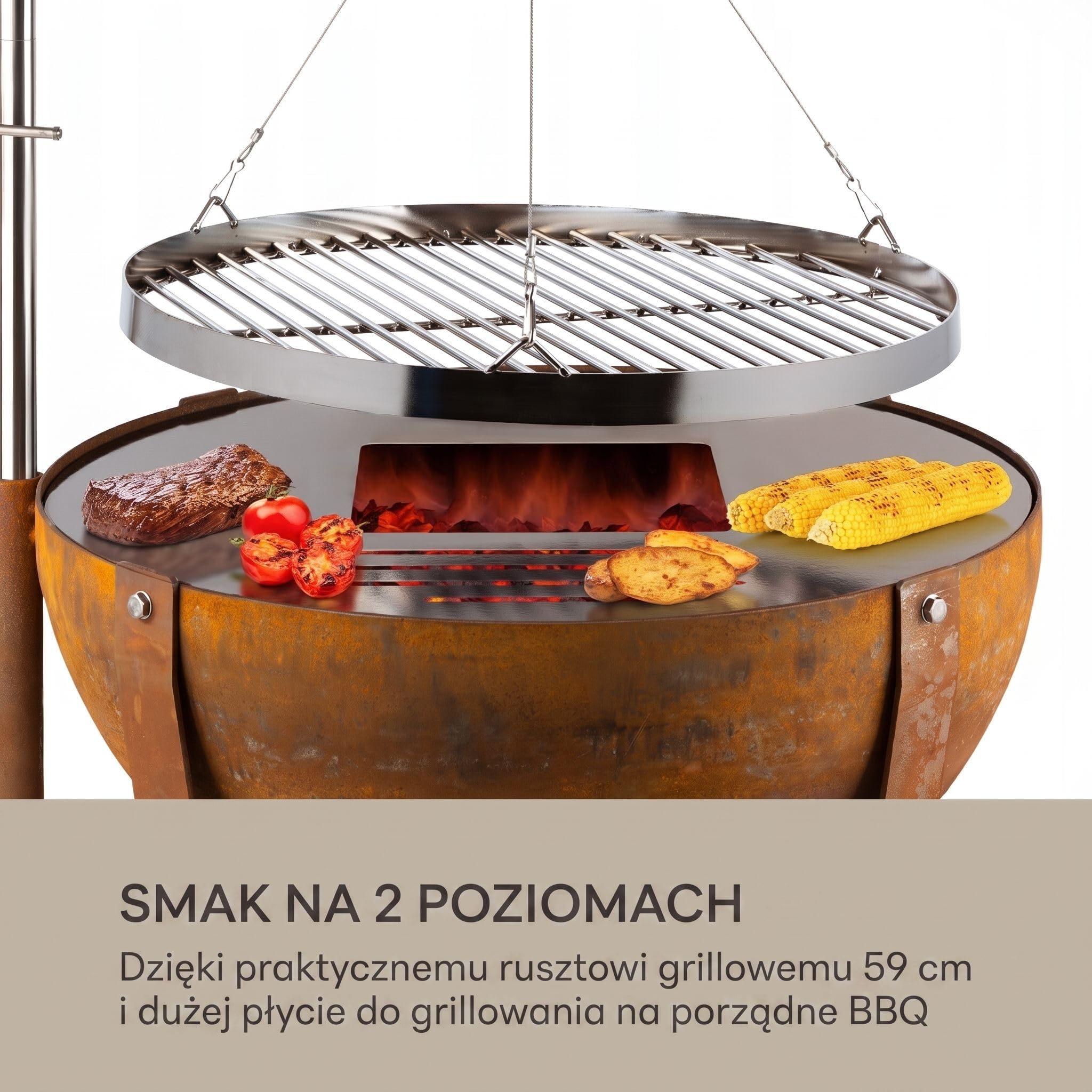 blumfeldt Fire Globe Palenisko z grillem, Pierścień grilla: Ø 59cm, Palenisko: Ø 60cm, Ruszt: Ø 59cm, Wymiary: 60 x 120cm (ØxW), Wygląd used: imitacja rdzy, Płynna regulacja wysokości, brązowy