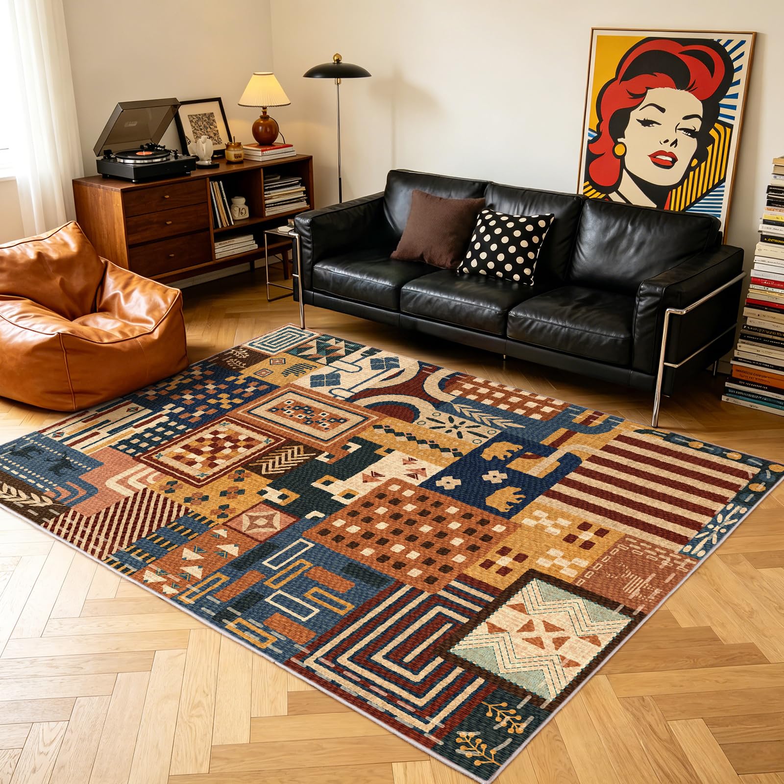 Kurzflor Teppich Tiere Patchwork 120x160cm Waschbarer Teppich Schlafzimmer | Waschbarer Rutschfester Teppich mit weicher Oberfläche, Boho Designteppich für Wohnzimmer, Esszimmer, Büro und Flur – Animals