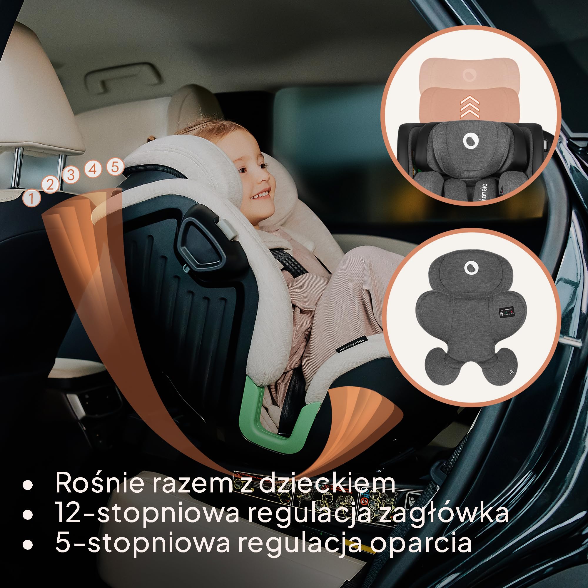 LIONELO HARMONY I-SIZE Fotelik Samochodowy Obrotowy 360° dla Dzieci 40-150 CM, Montaż ISOFIX+Noga Stabilizująca, Regulacja Zagłówka i Oparcia, Wkładka Redukcyjna Dri-Seat