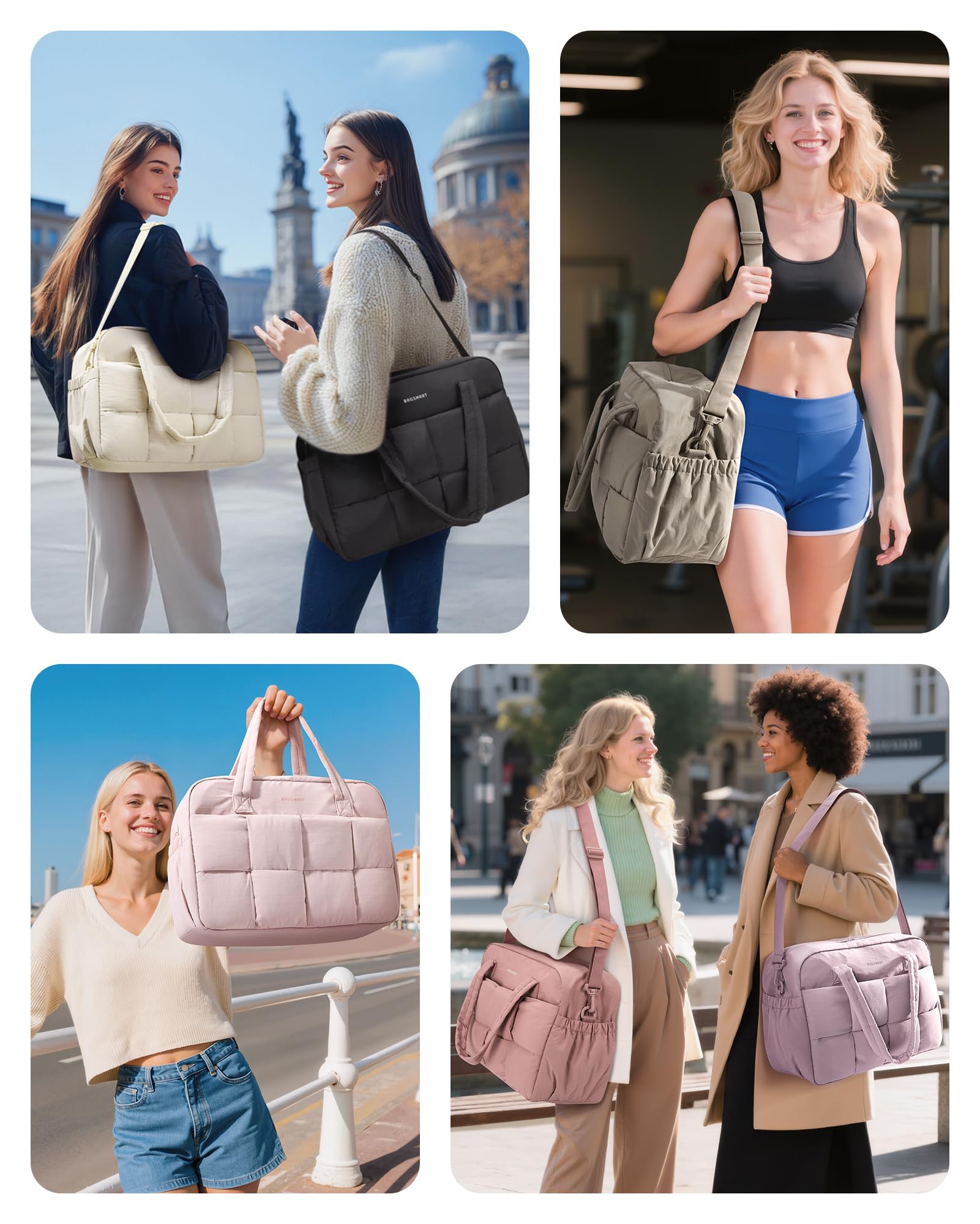BAGSMART Sporttasche Damen, 24L Puffer Reisetasche für unterwegs mit Laptopfach, Wochenendtaschen für Damen, Handgepäck Reisetasche für persönliche Gegenstände, Kamel