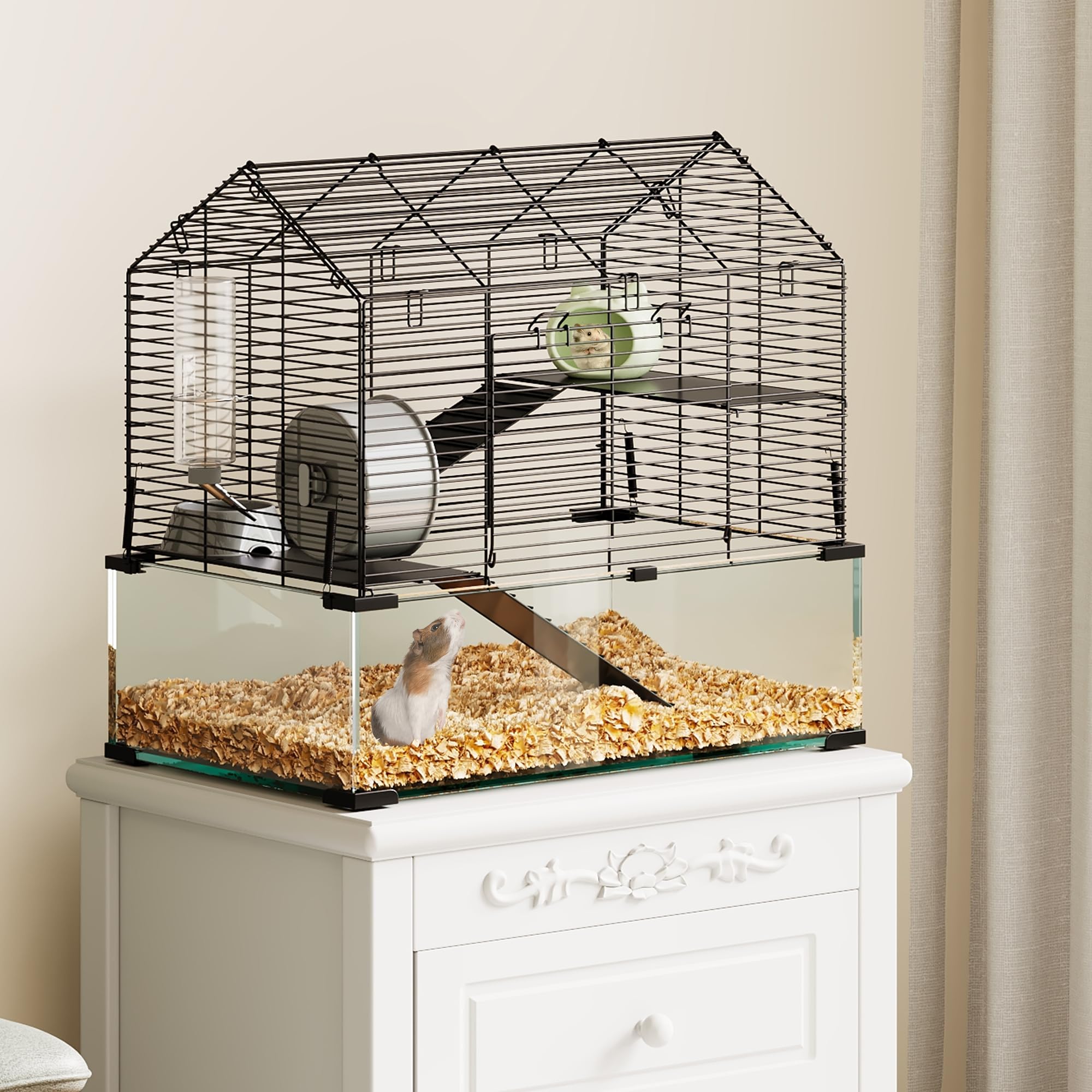 Hamsterkäfig aus Glas und Metallgitter, 360°-Sicht Hamsterlebensraum, Kleintierkäfig 58x39x54 cm, Belüfteter Mäusekäfig mit Wasserflasche, Tragbares Hamsterhaus für Ratten, Meerschweinchen