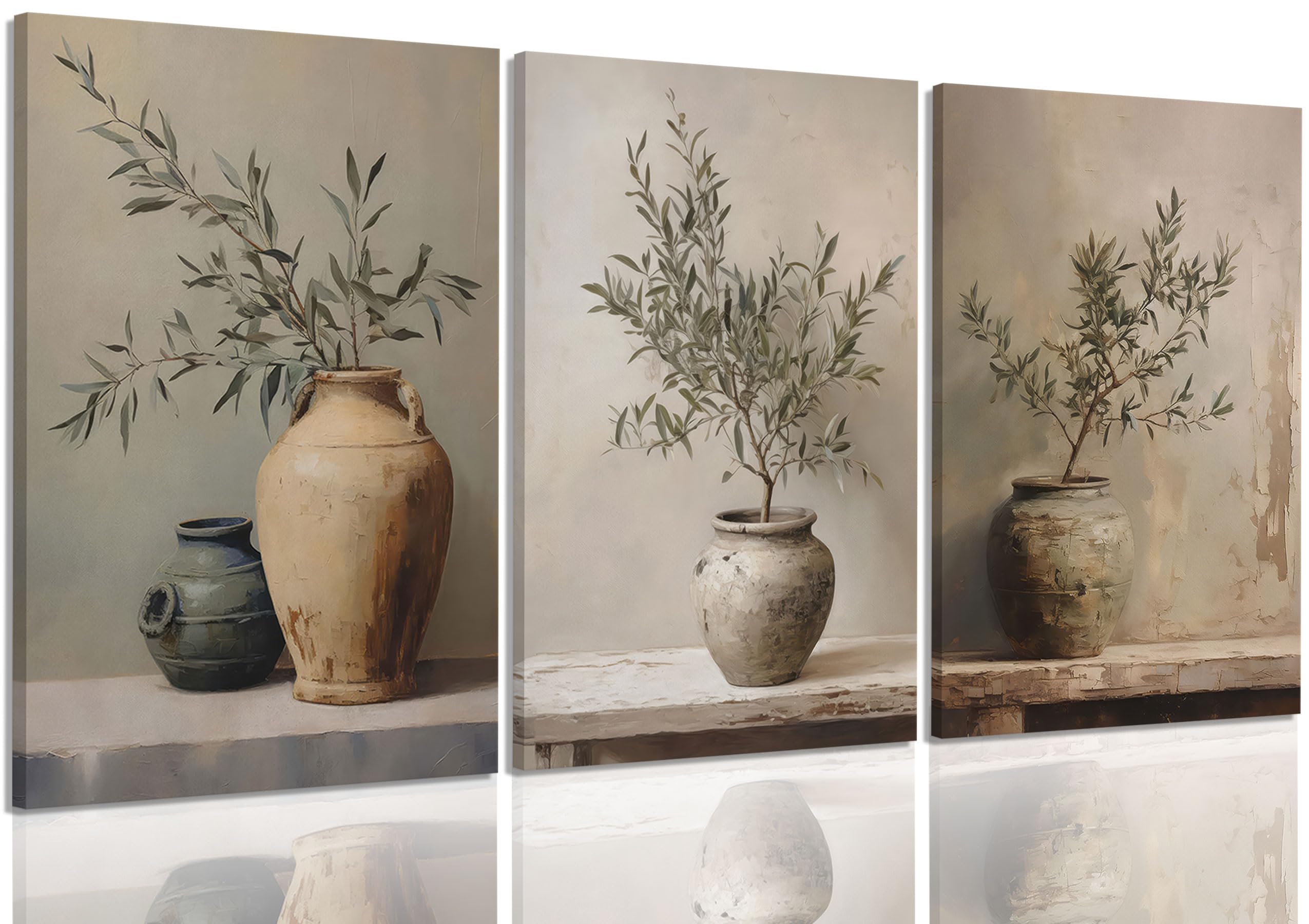 3Pcs Framed Vintage Vase Canvas Wall Art Green Rustic Olive Branch Wall Decor Pictures Antique Still Life Plant Posters Paintings Prints for Bedroom Living Room Kitchen Artwork Home Decoration