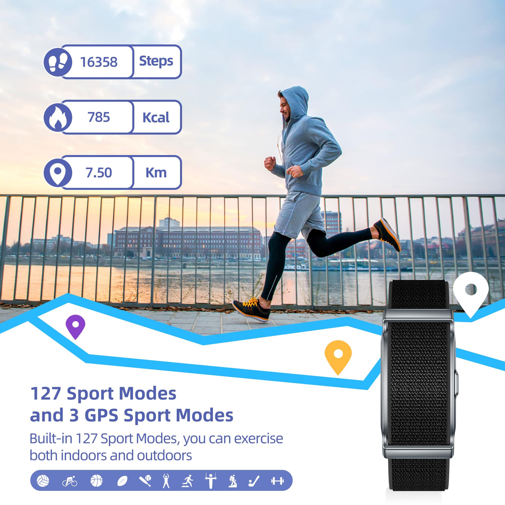 Orologio Fitness con 127 modalità sportive, 45-60 giorni di standby, Monitoraggio Del Sonno Della Frequenza Cardiaca e Dell'attività, Impermeabile 1ATM, Orologio Contapassi tracciamento GPS