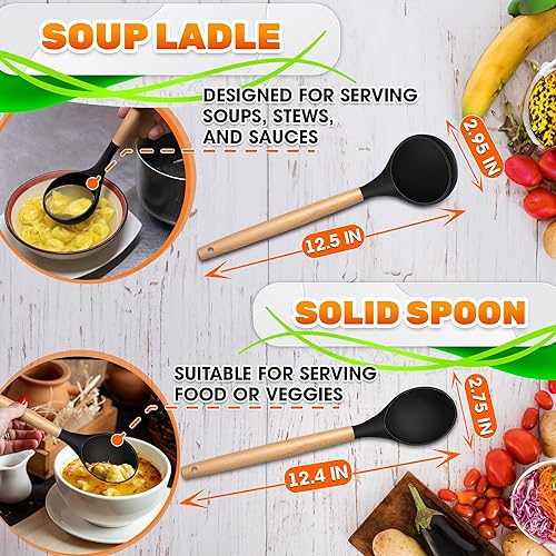 Miniatura 2 de Juego de 14 utensilios de cocina de silicona negra con soporte, utensilios de cocina versátiles con asas de madera resistentes, juego de utensilios