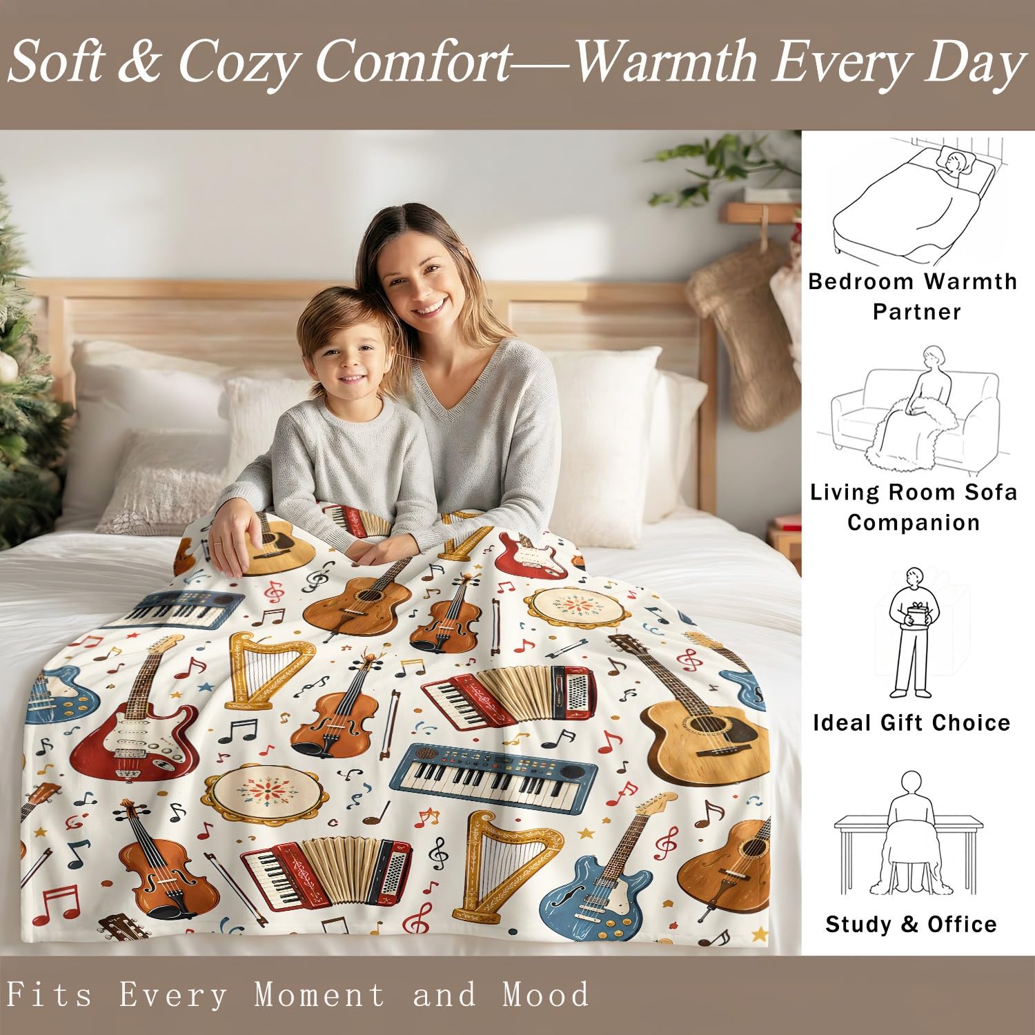 Genérico Música Manta Polar Manta 130 x 150 cm, Luz de franela de microfibra suave dinámica Instrumento nota musical, Beige, Regalo para padres y niños