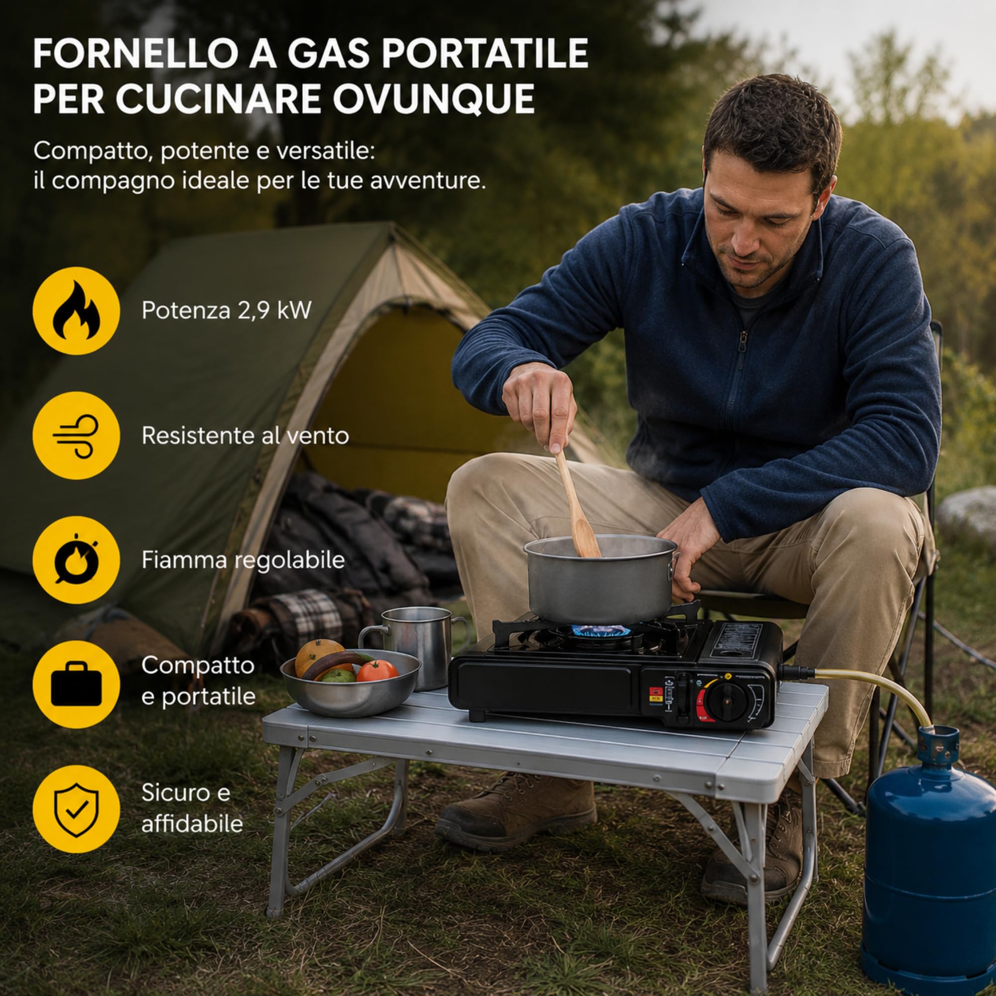 Fornello da Campeggio a Gas Portatile con Doppio Attacco Butano o GPL - Fiamma INTENSA e REGOLABILE - Valigetta Rigida - Fornello a Gas per Campeggio, Outdoor, Trekking, Camper e Altro