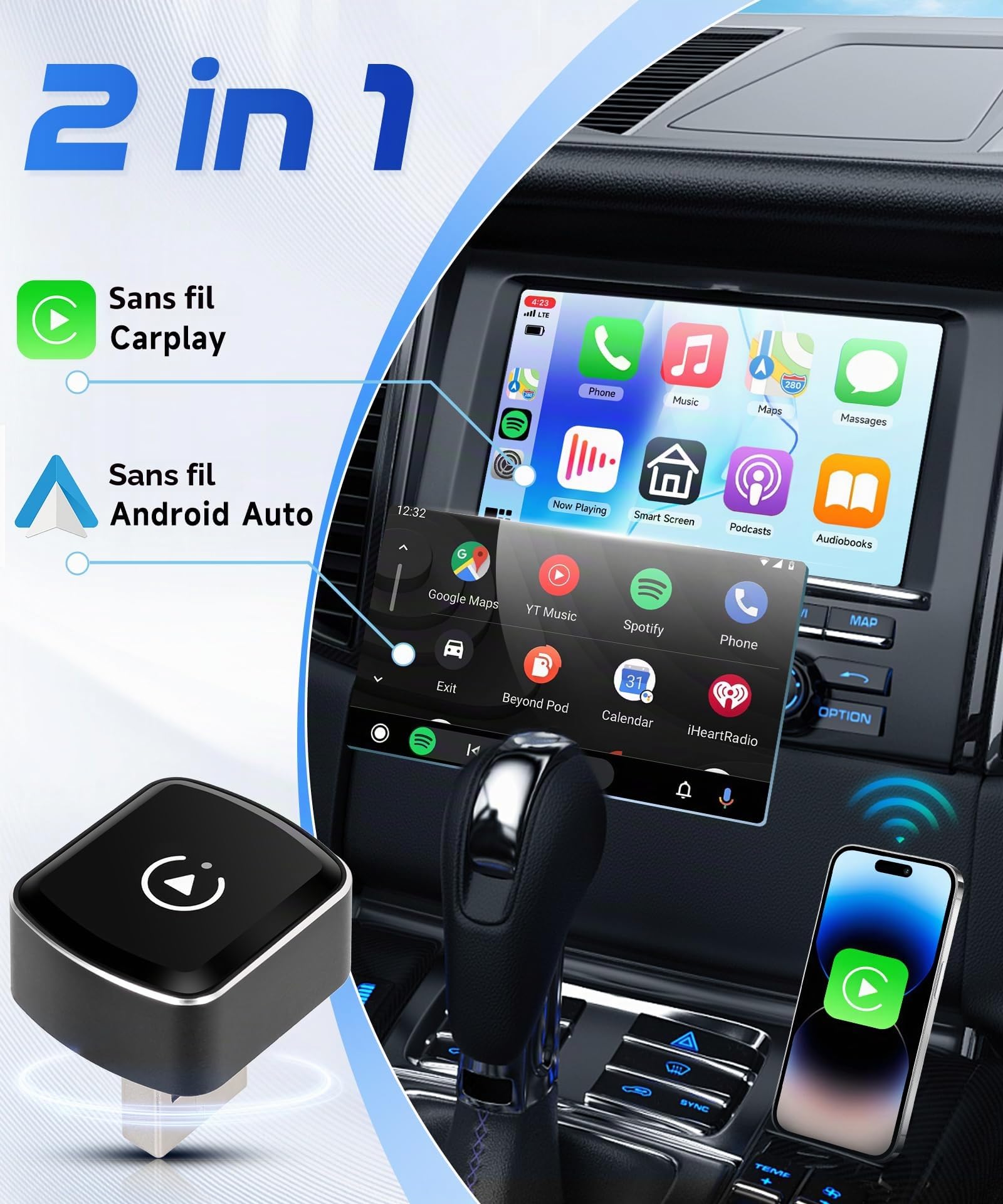 2 en 1 Sans fil Carplay Adapter & sans fil Android Auto Adapter, Convertir Wired Android Auto/Car Play en Wireless pour Les Voitures avec Wired CarPlay, Car Play Adaptateur USB/Type-C Plug & Play