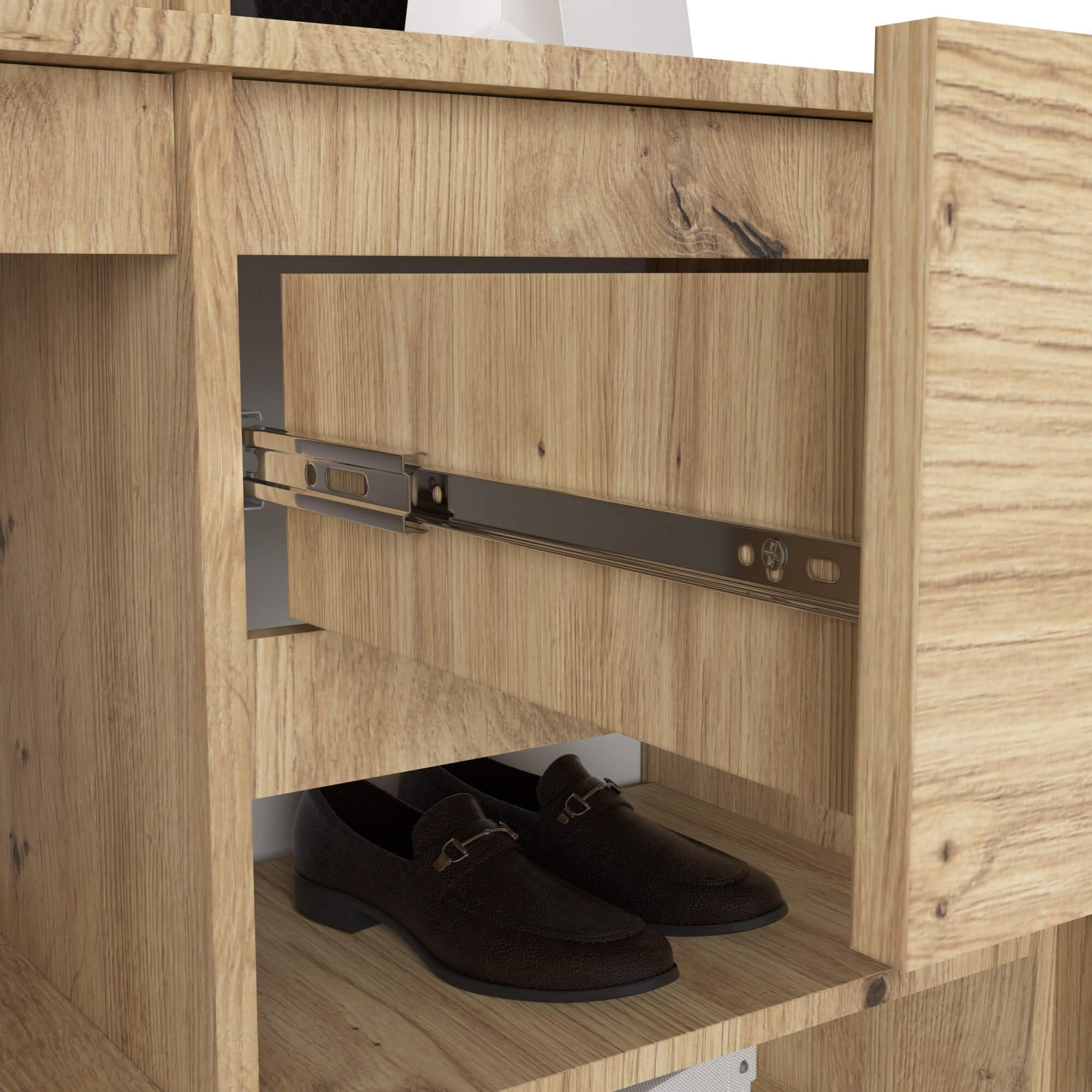 AKORD Mueble Recibidor con Espejo - 95 cm 3 Puertas, 1 Cajón, 7 Estantes para Zapatos y Bolsos - Entraditas Recibidores Modernas y Estilo Industrial - Roble Artesanal