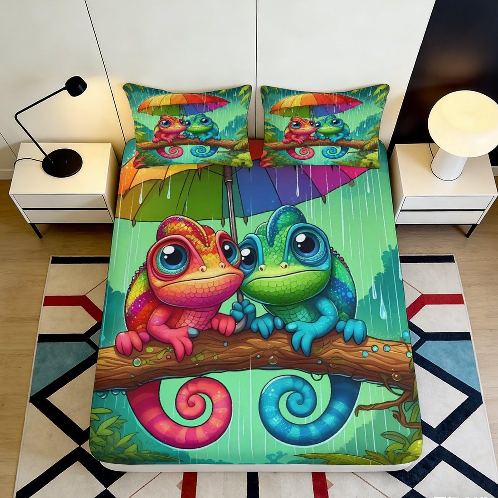 3D Printed Colorful Chameleon Fitted Sheet Microfiber Non-Slip Cartoon Lizard Bed Cover for Bedroom Dorm Decor 90x200x25cm