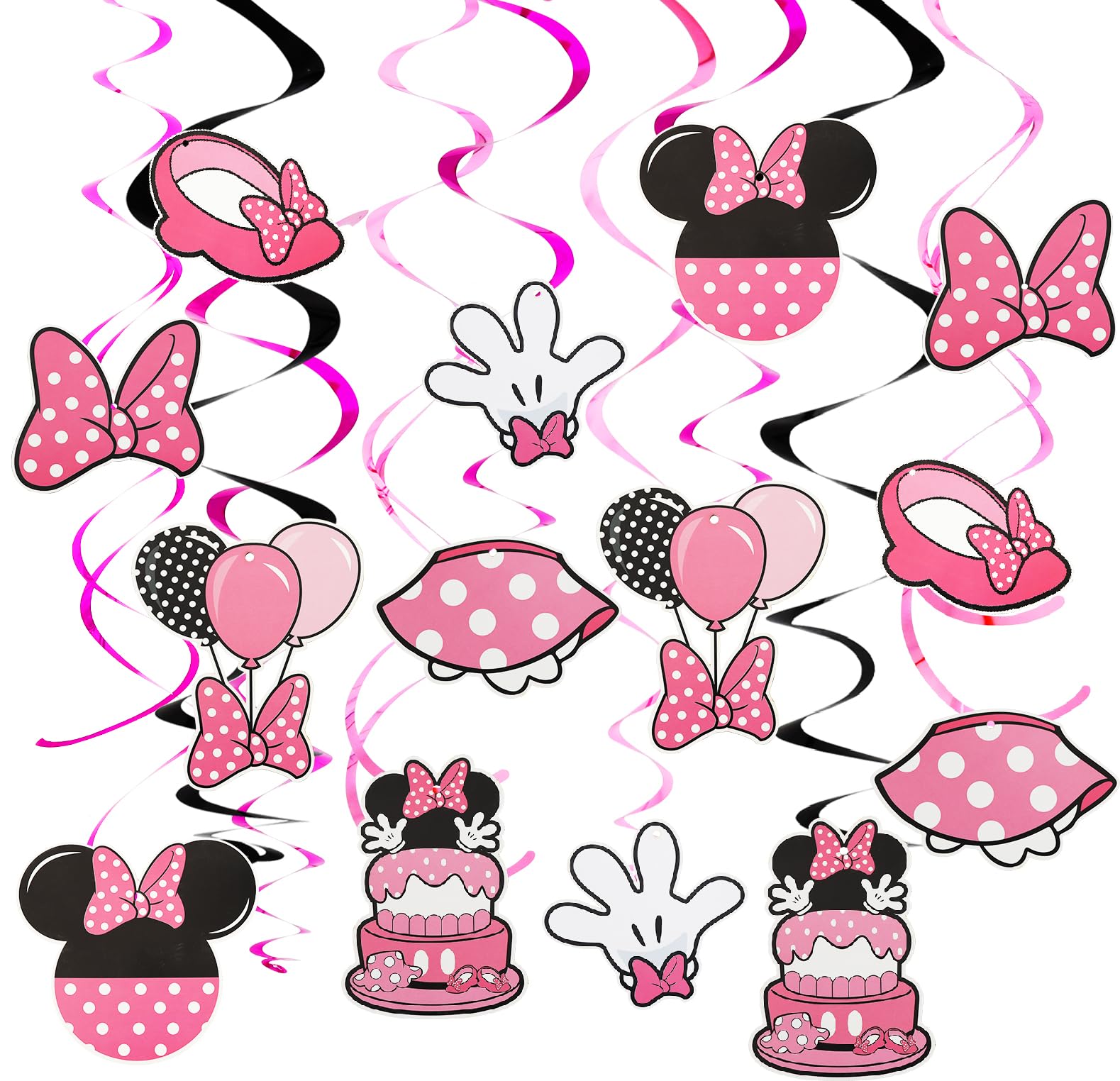 Pre-Strung Black Pink Birthday Hanging Swirl Decorations,Mouse Birthday Party Ceiling Streamers,Pink Mouse Theme Party Supplies,Party Favors for Girls Kids(38 Pcs)