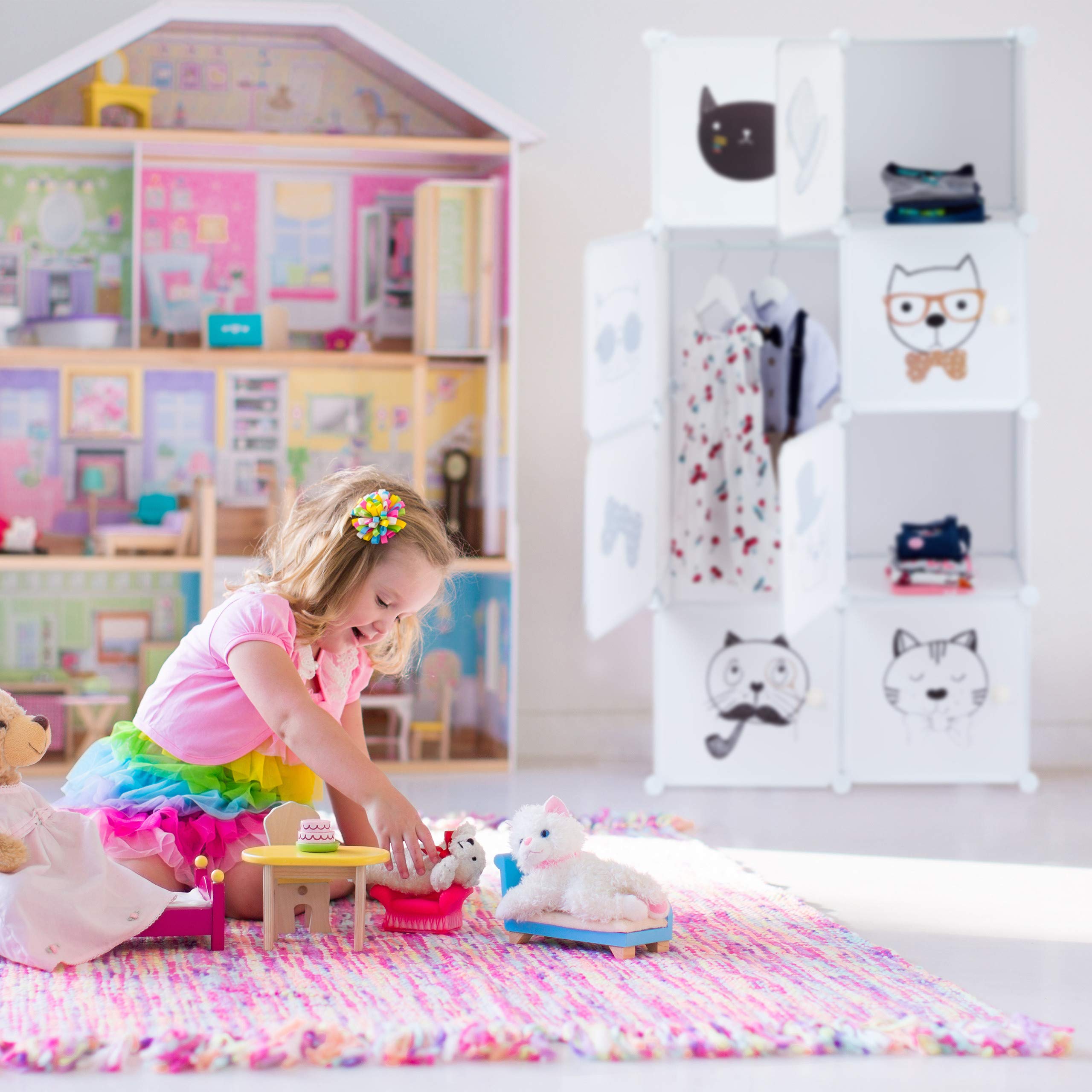 Relaxdays Estantería Infantil, Gatos, Siete Compartimentos, Perchero, Armario, 145 x 74 x 36,5 cm, Blanco