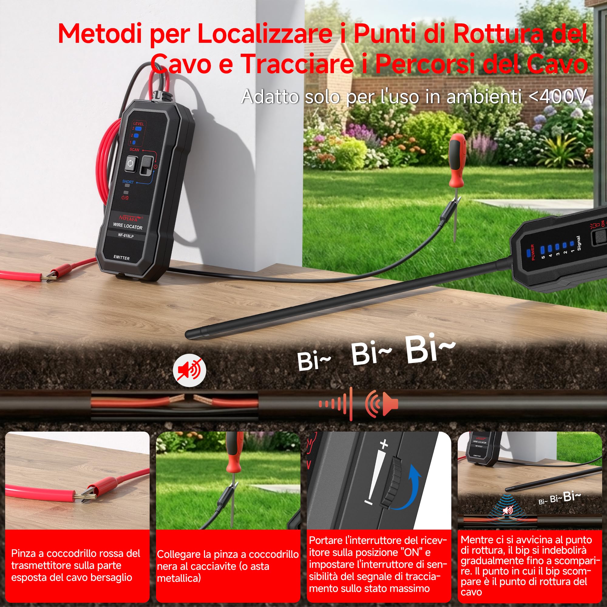 NOYAFA NF-818LP Localizzatore di Cavi Sotterranei – Rilevatore di Interruzioni e Cortocircuiti per Cavi a Parete e Interrati, Tracciatore di Fili per Recinzioni Elettroniche, Reti e Irrigazione